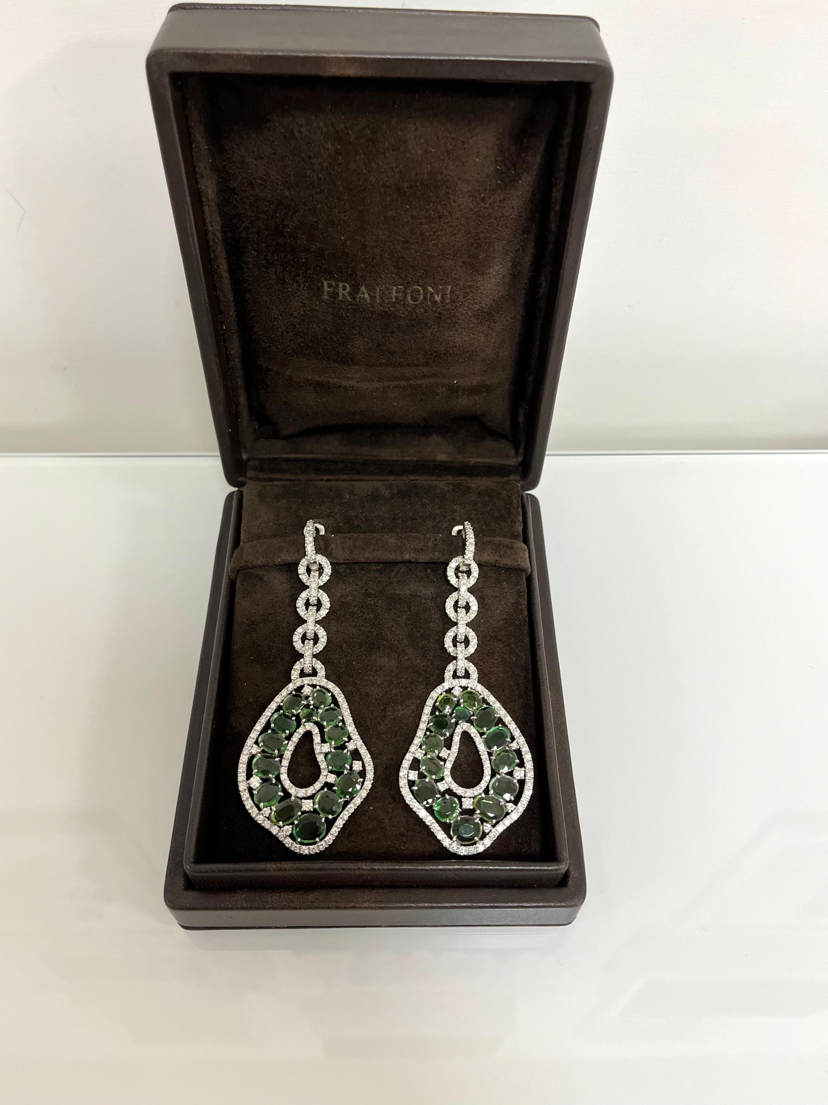 Fraleoni 18 Kt. White Gold Diamonds Green Tourmalines Earrings For Sale 3