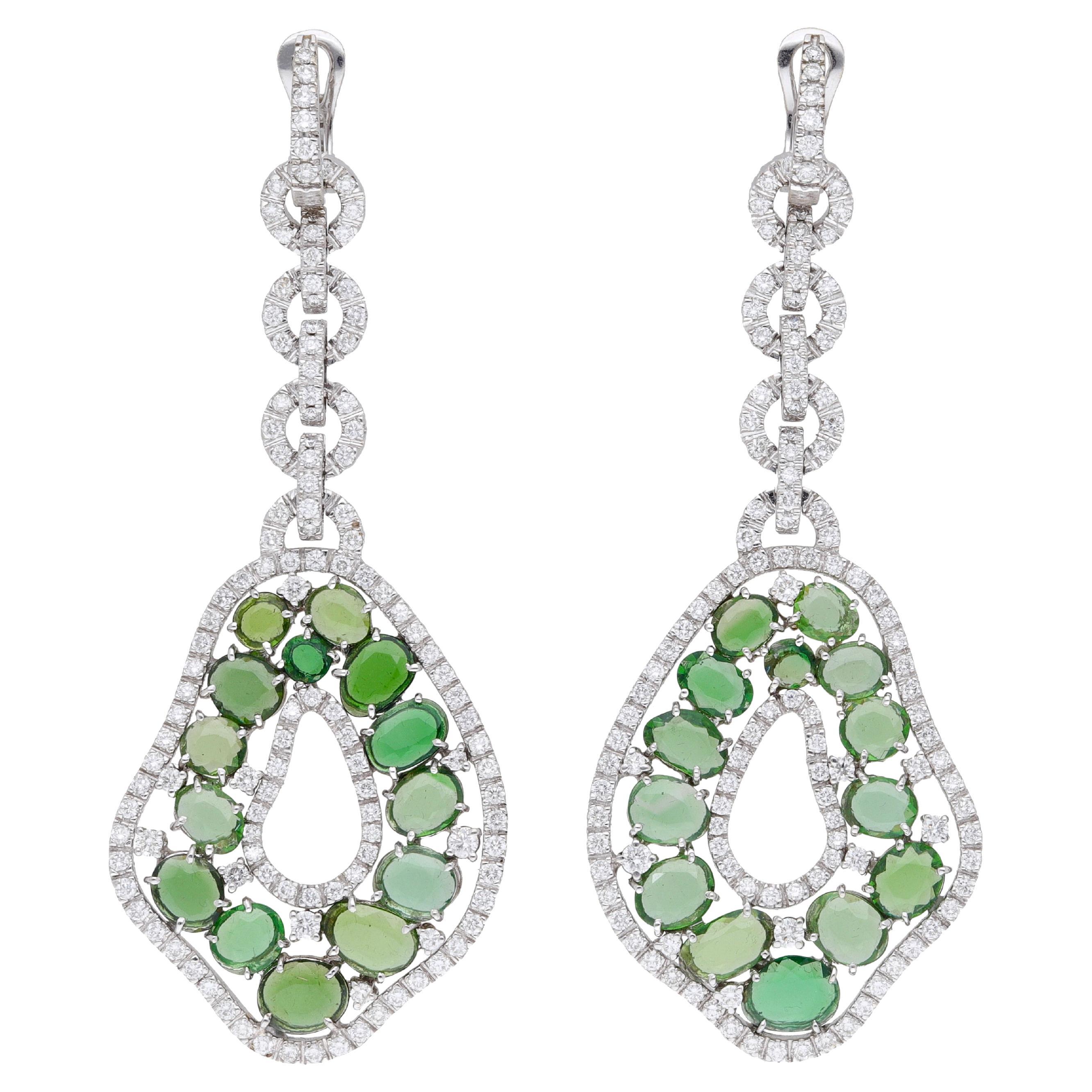 Fraleoni 18 Kt. White Gold Diamonds Green Tourmalines Earrings For Sale