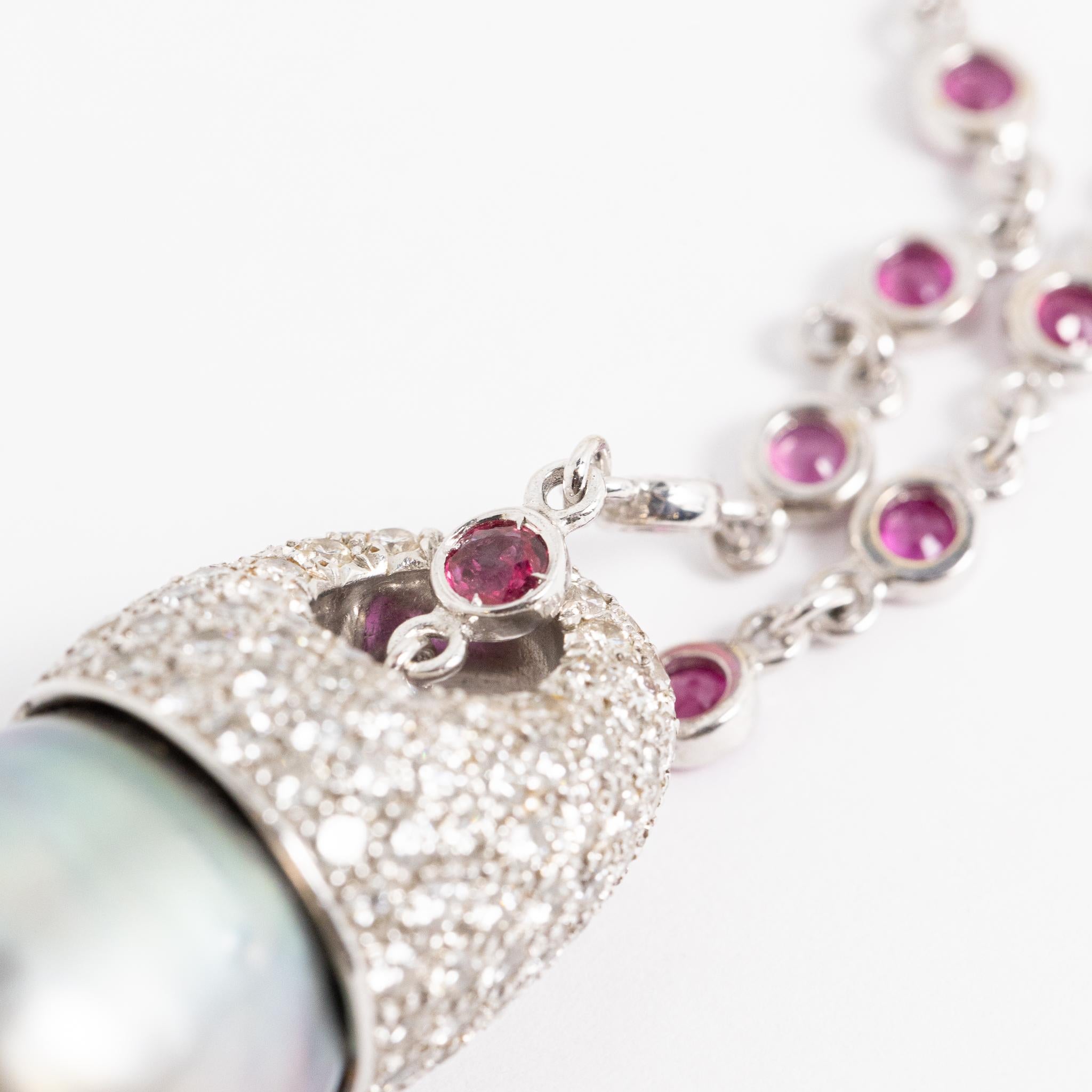 Round Cut Fraleoni 18 Kt. White Gold Diamonds Rubies Australian Pearl Long Necklace For Sale