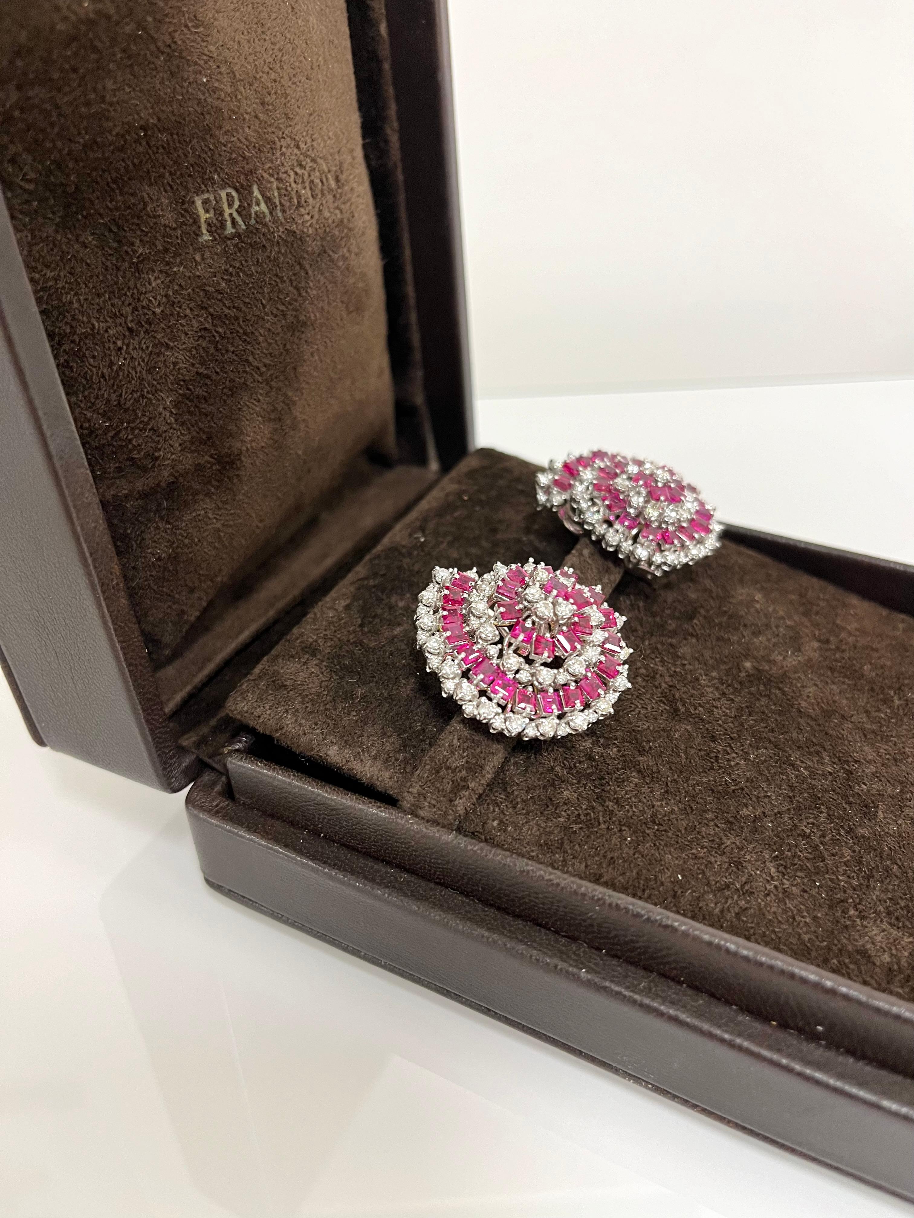 Fraleoni 18 Kt. White Gold Diamonds Rubies Clip-on Earrings in vendita 5