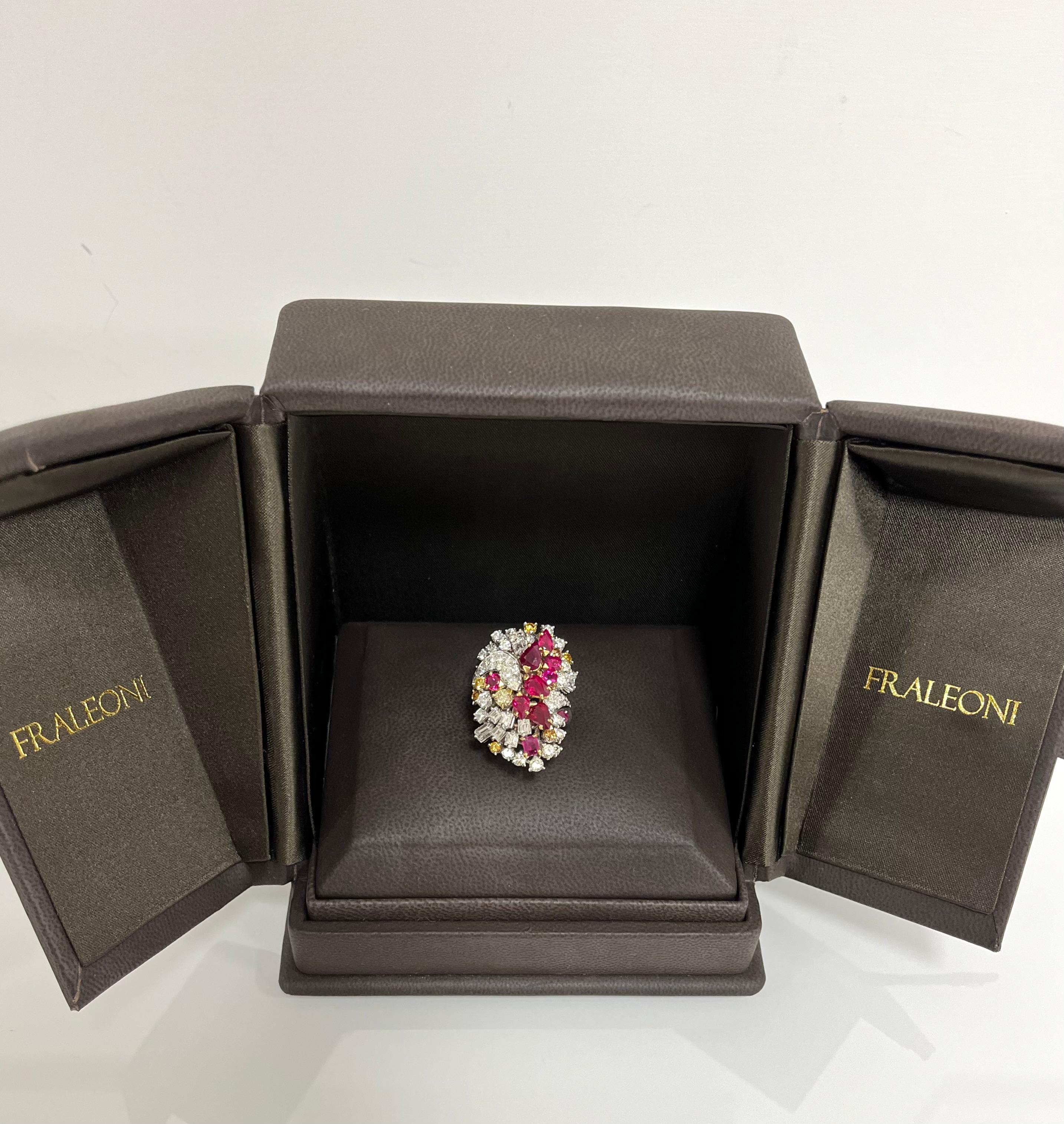 Fraleoni 18 Kt. White Gold Diamonds Rubies Cocktail Ring For Sale 4