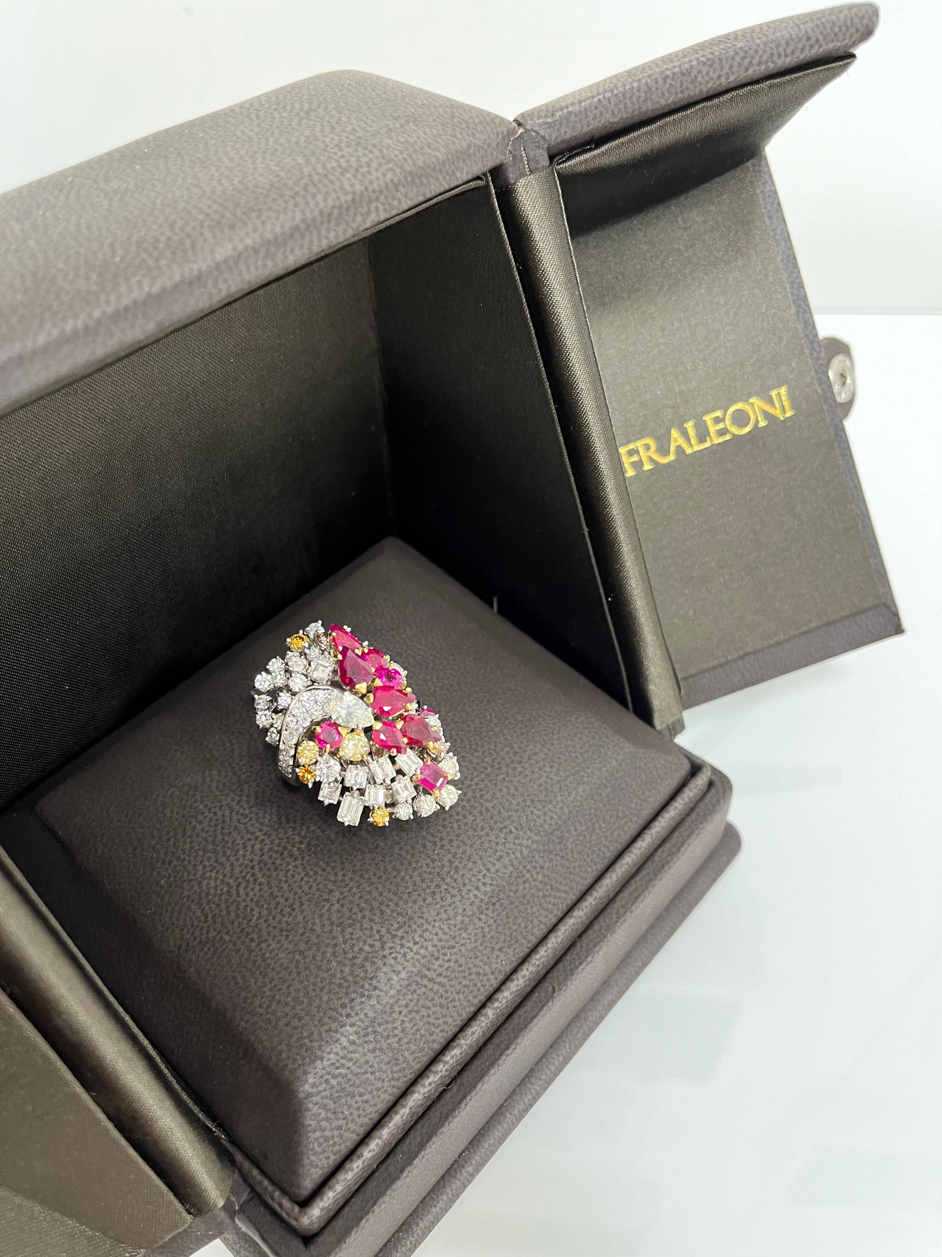 Fraleoni 18 Kt. White Gold Diamonds Rubies Cocktail Ring For Sale 5