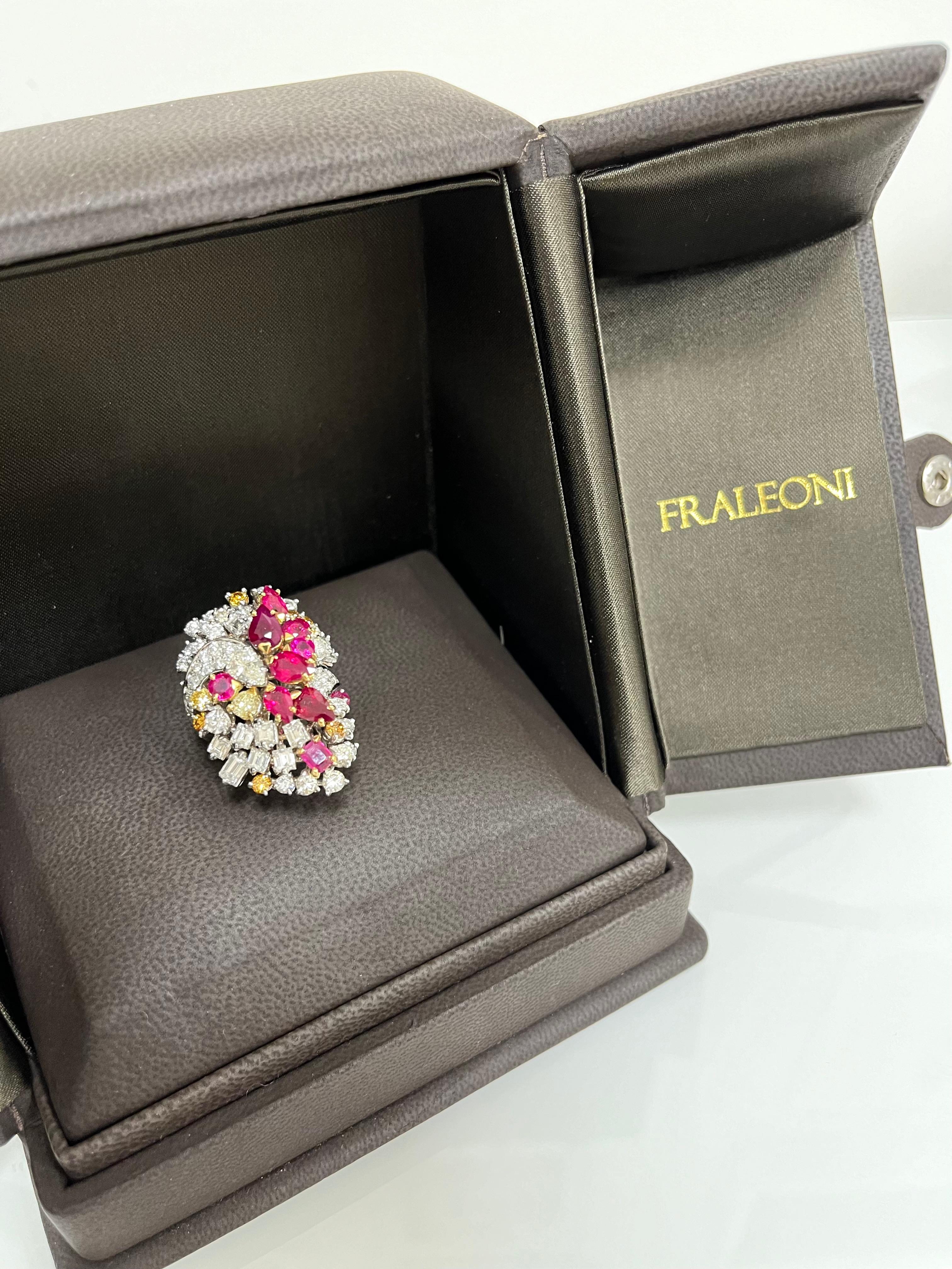 Fraleoni 18 Kt. White Gold Diamonds Rubies Cocktail Ring For Sale 8