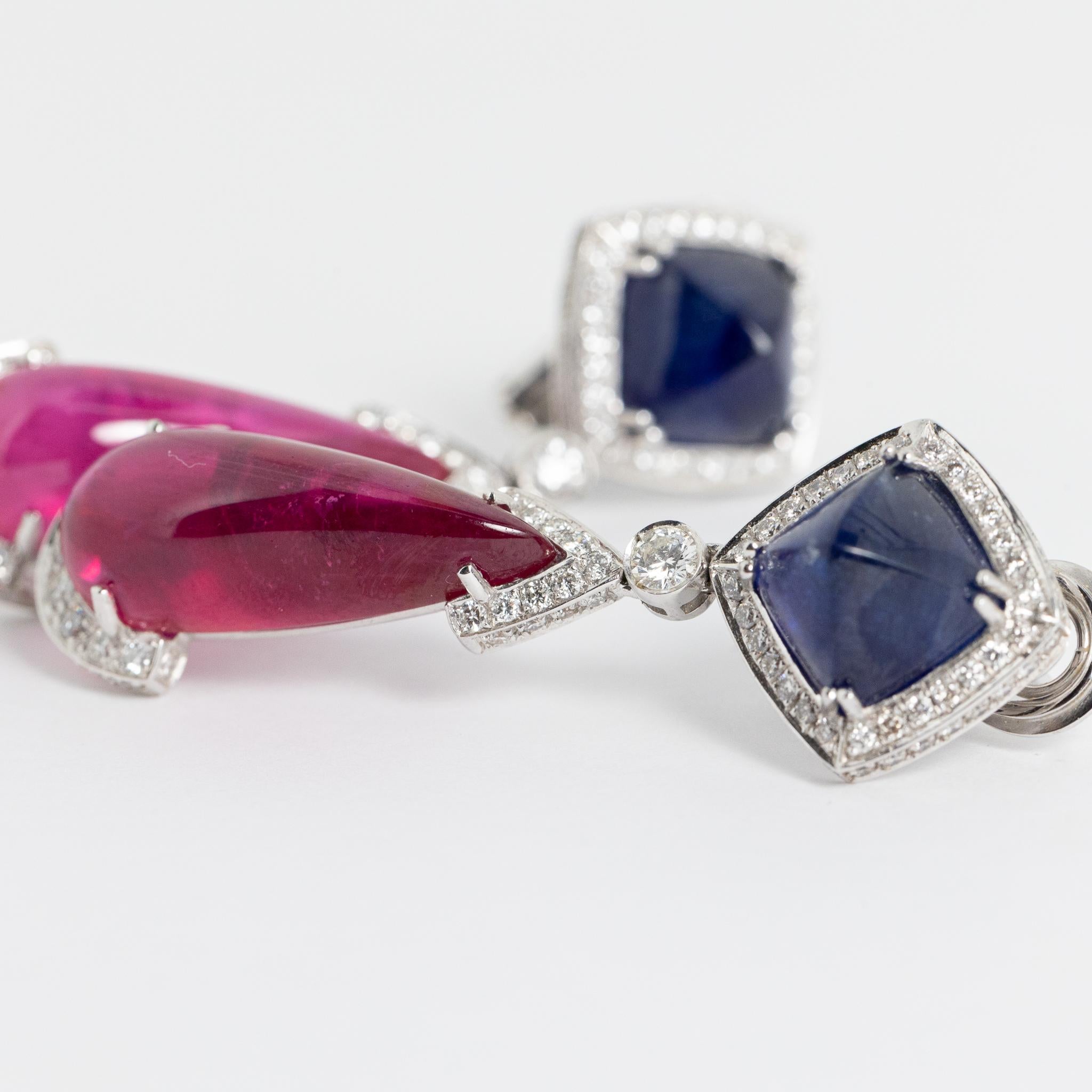 Modern Fraleoni 18 Kt. White Gold Diamonds Sapphires Rubies Earrings For Sale