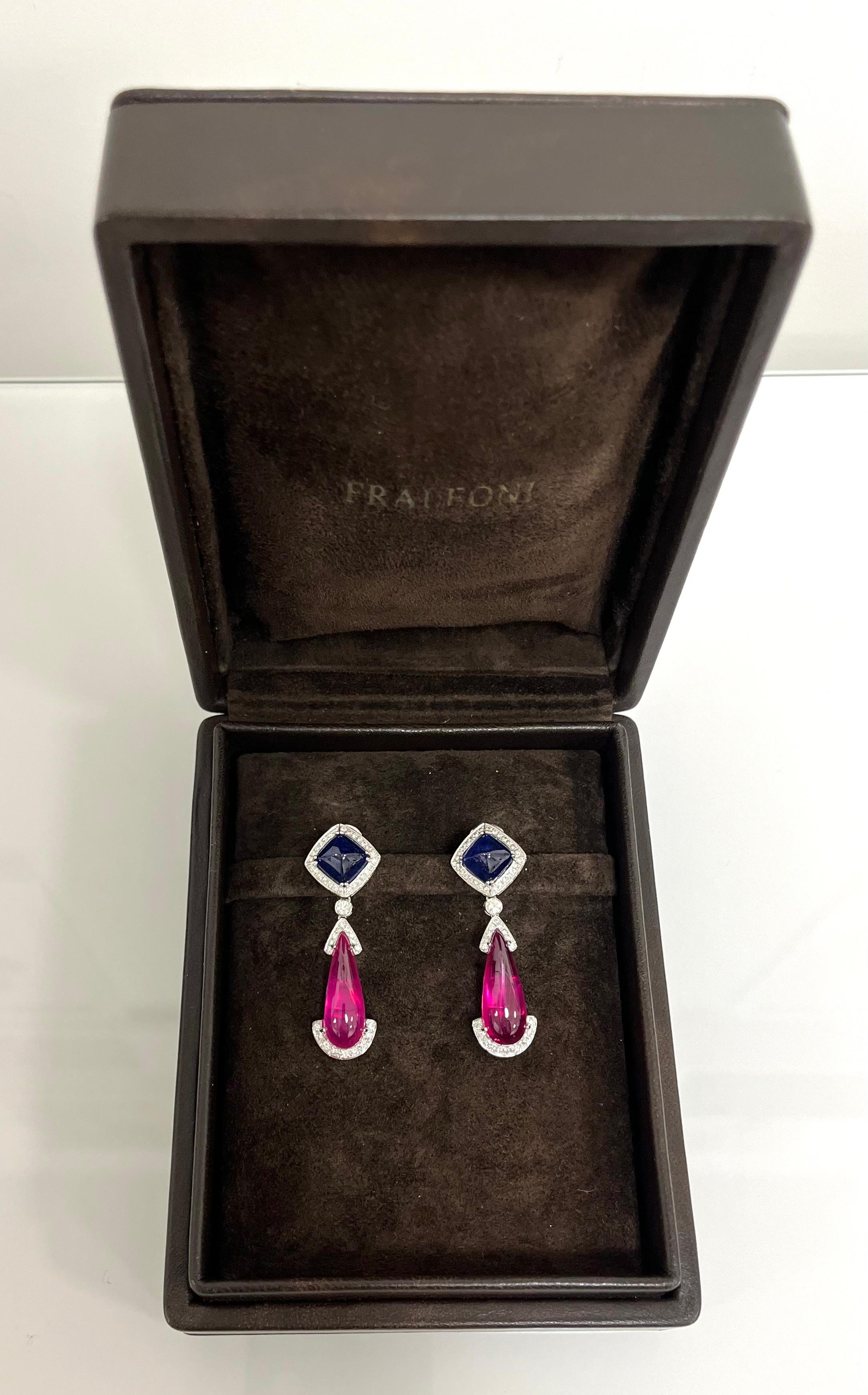 Fraleoni 18 Kt. White Gold Diamonds Sapphires Rubies Earrings In New Condition For Sale In Rome, IT