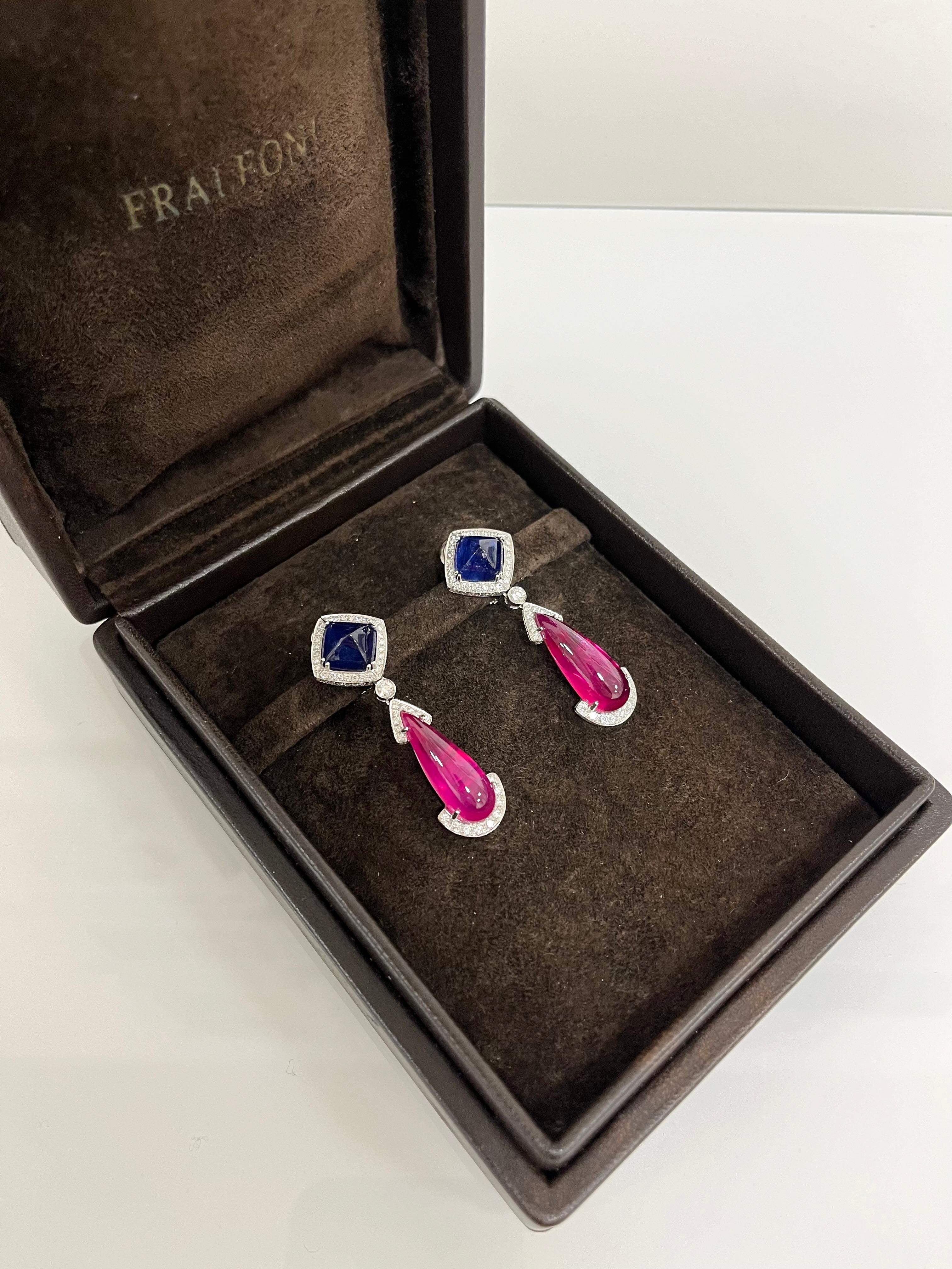 Women's Fraleoni 18 Kt. White Gold Diamonds Sapphires Rubies Earrings For Sale
