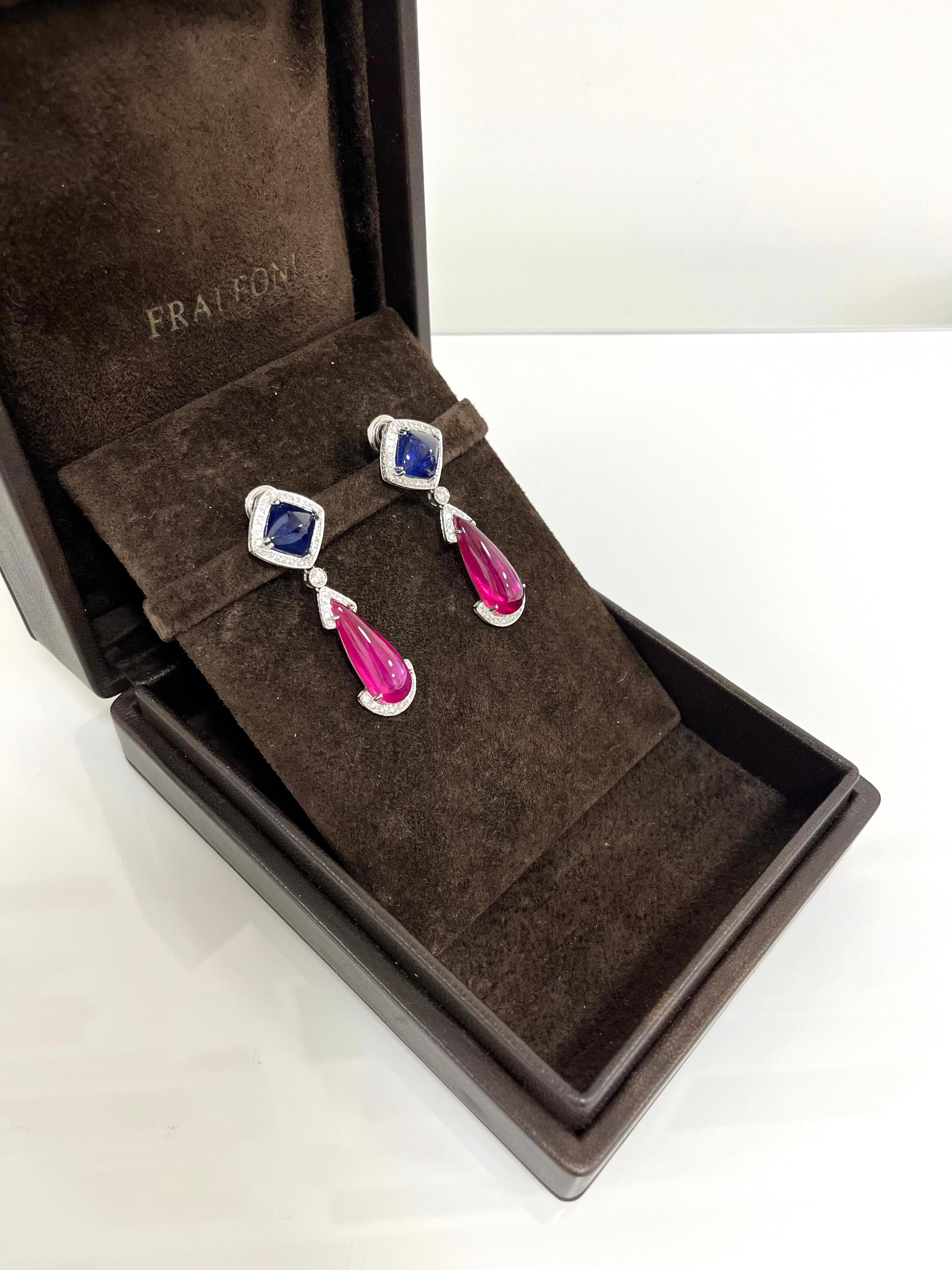 Fraleoni 18 Kt. White Gold Diamonds Sapphires Rubies Earrings For Sale 2