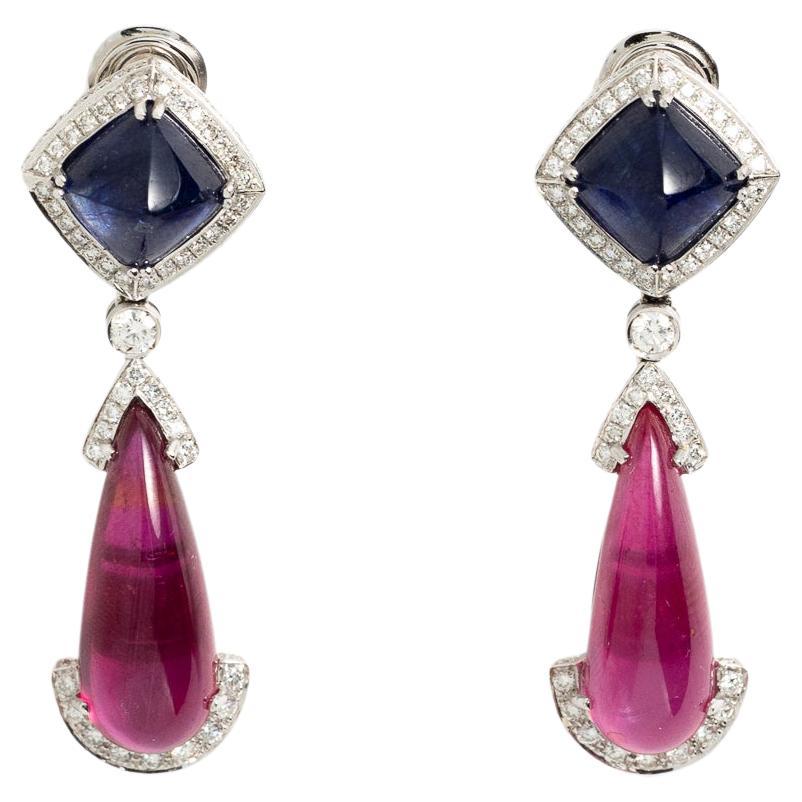 Fraleoni 18 Kt. White Gold Diamonds Sapphires Rubies Earrings For Sale