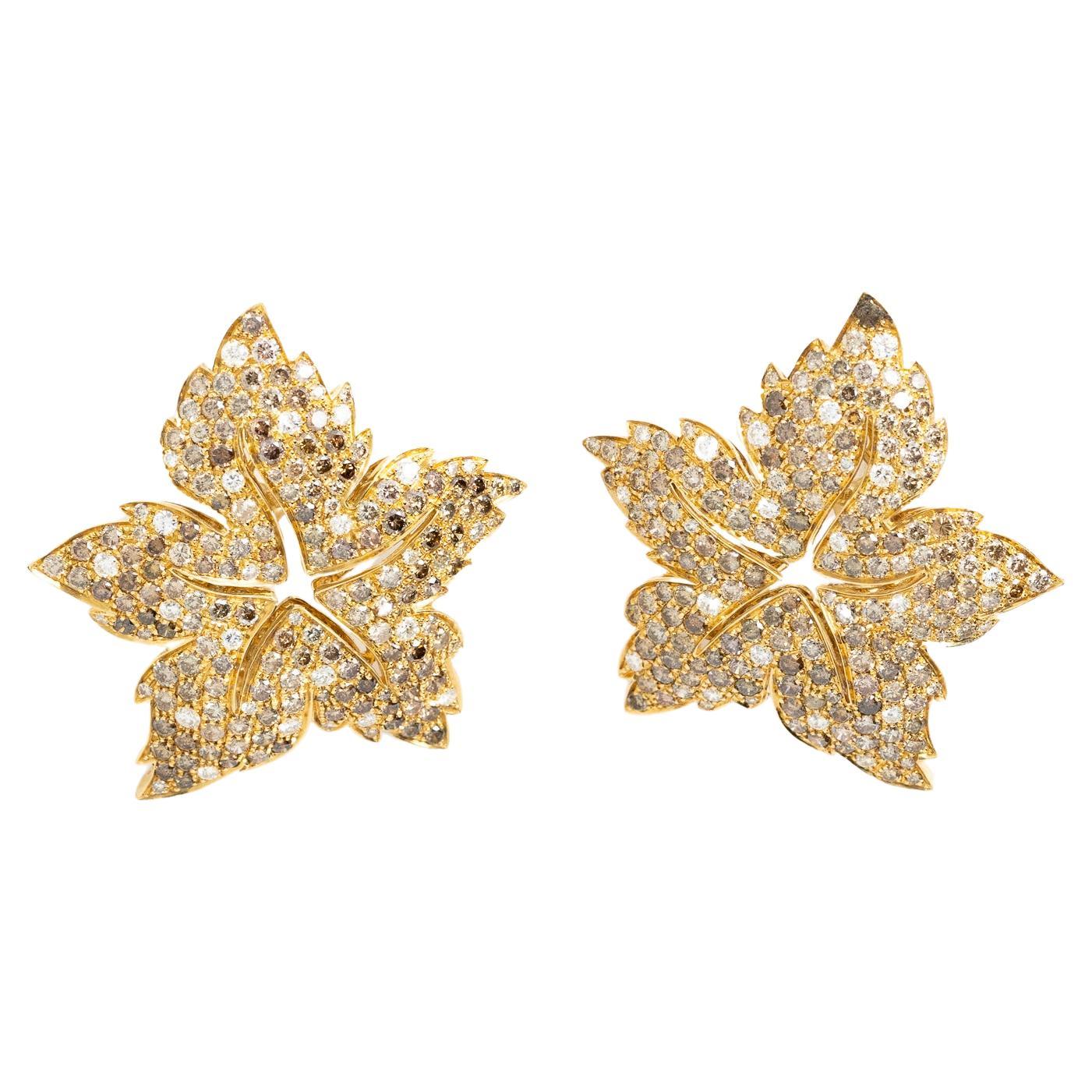 Fraleoni 18 Kt. Yellow Gold Multicolored Daimonds Leaf  Earrings For Sale