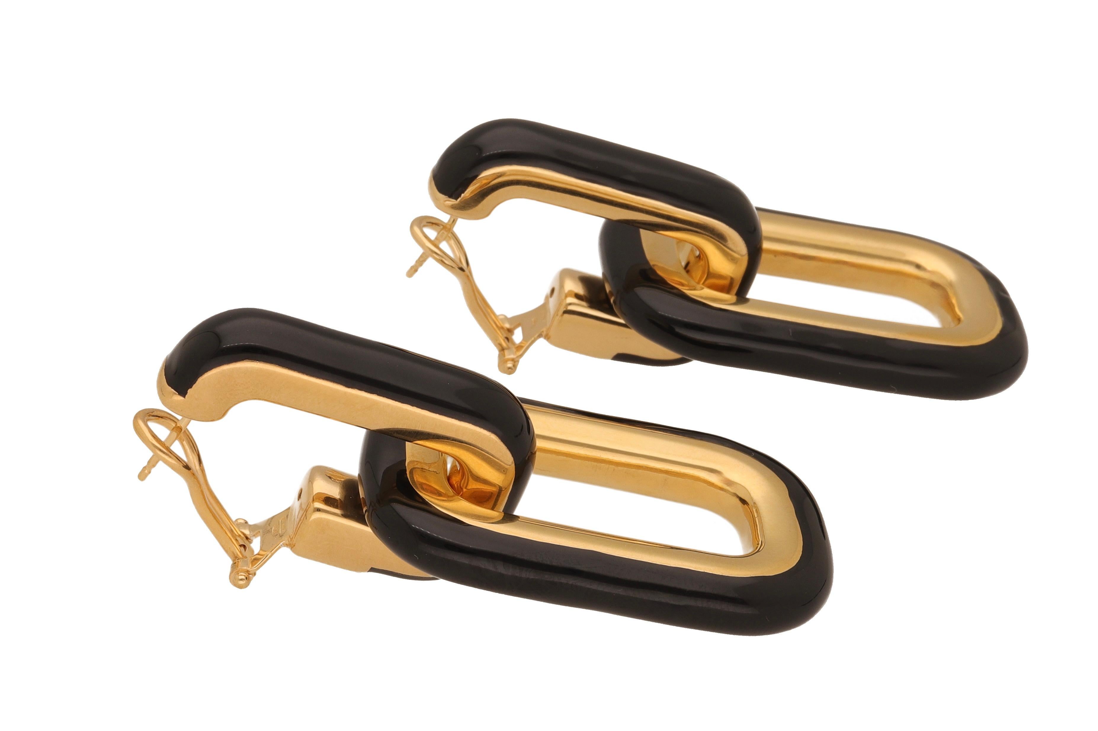 Fraleoni 925 Silver Gold Plated Black Enamel Earrings In New Condition For Sale In Rome, IT