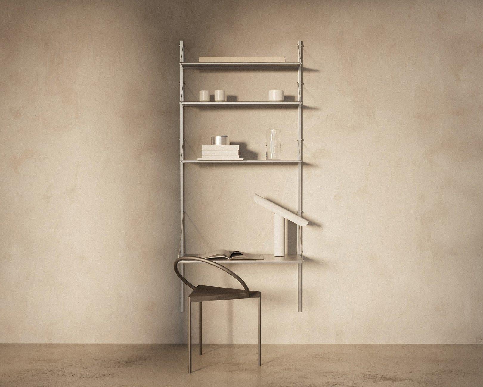 Shelf library stainless steel is a natural extension of Frama’s Shelf Library universe. Characterized by a modular system and fastened with solid steel screws on stainless steel rails, the shelves can be easily placed and re-styled in a variety of