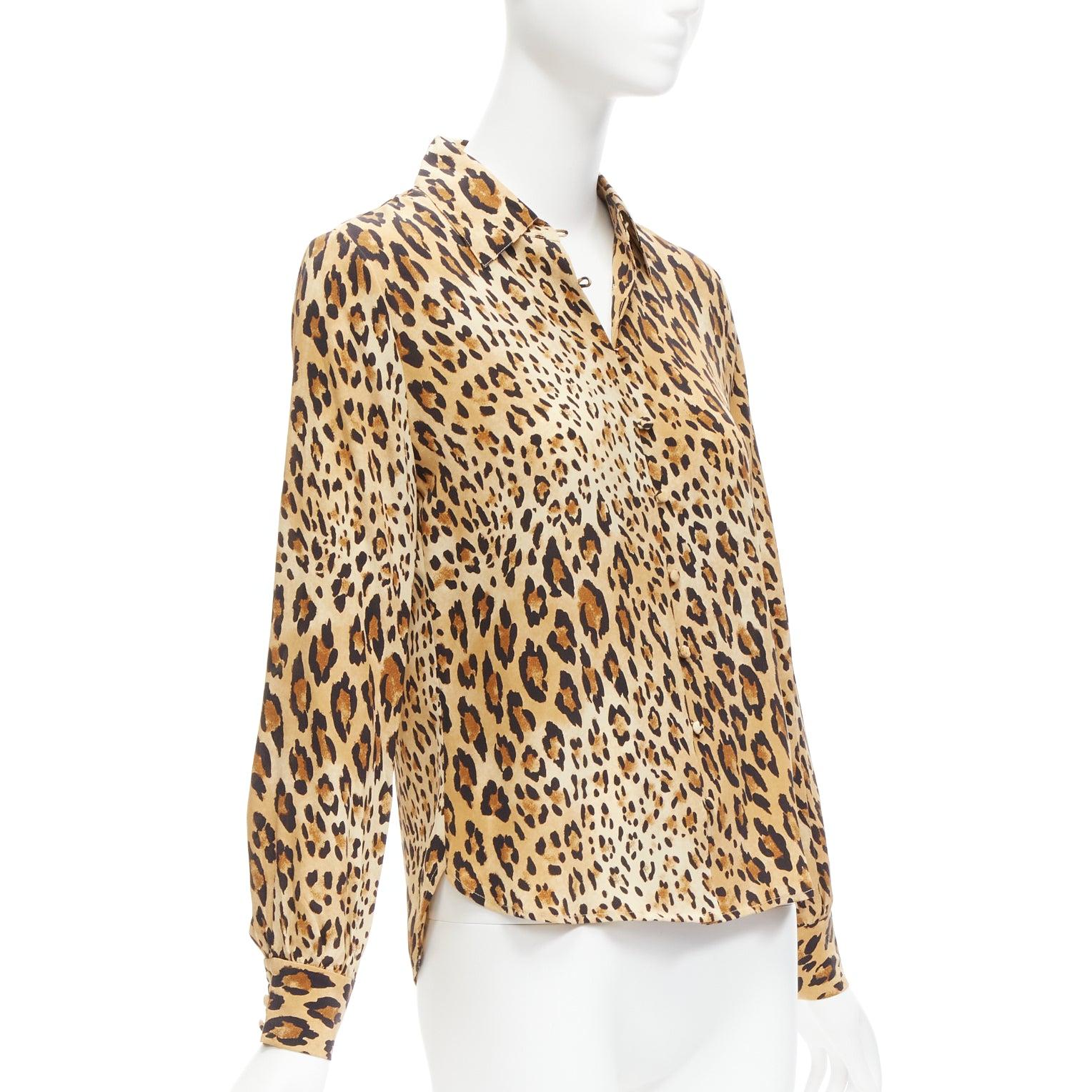 Beige FRAME 100% silk Camel Multi brown leopard print long sleeve shirt XS For Sale