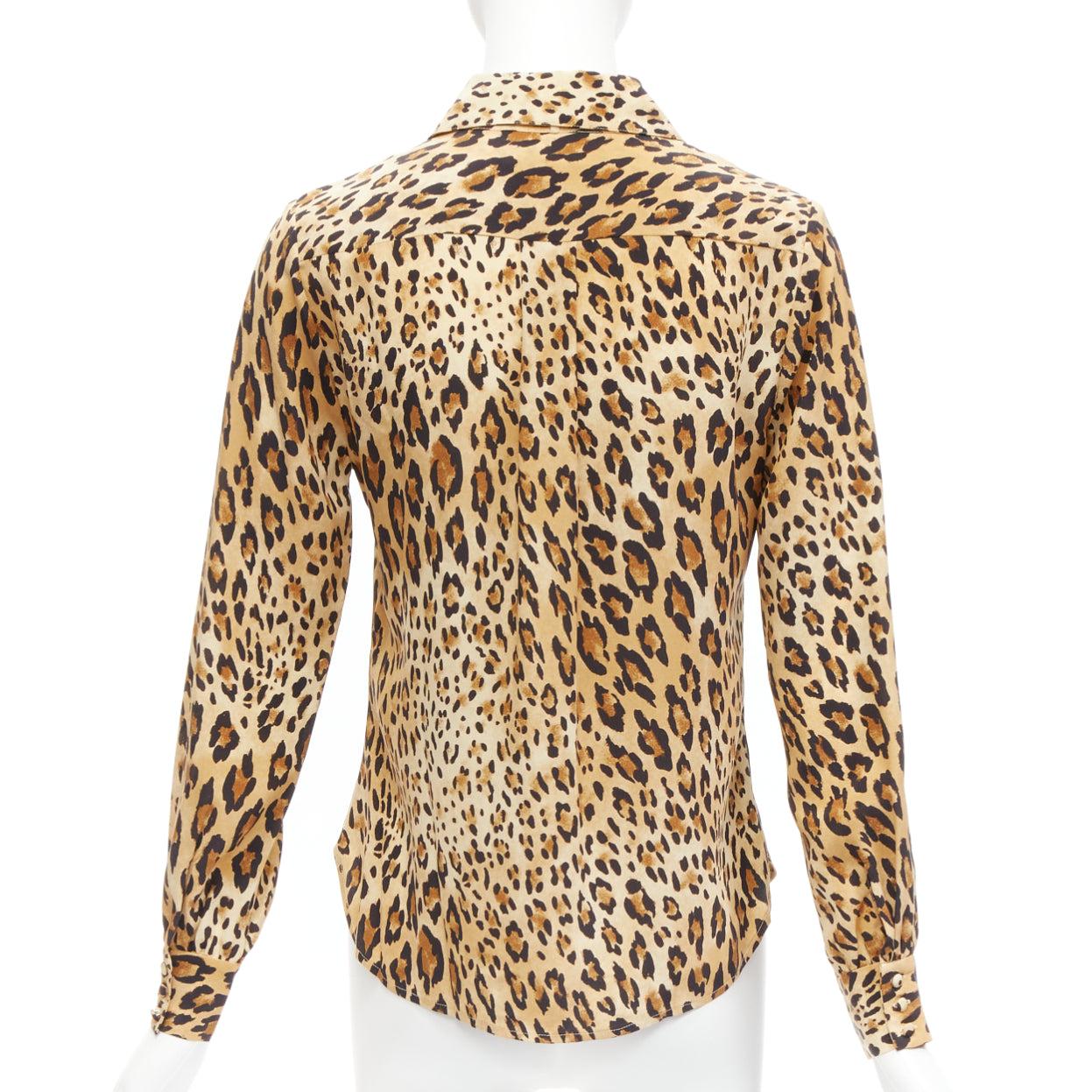 Women's FRAME 100% silk Camel Multi brown leopard print long sleeve shirt XS For Sale