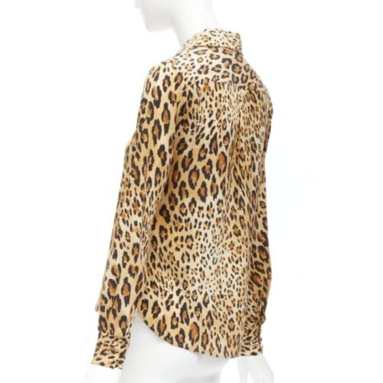 FRAME 100% seta Cammello Multi marrone con stampa leopardata camicia a maniche lunghe XS in vendita 1