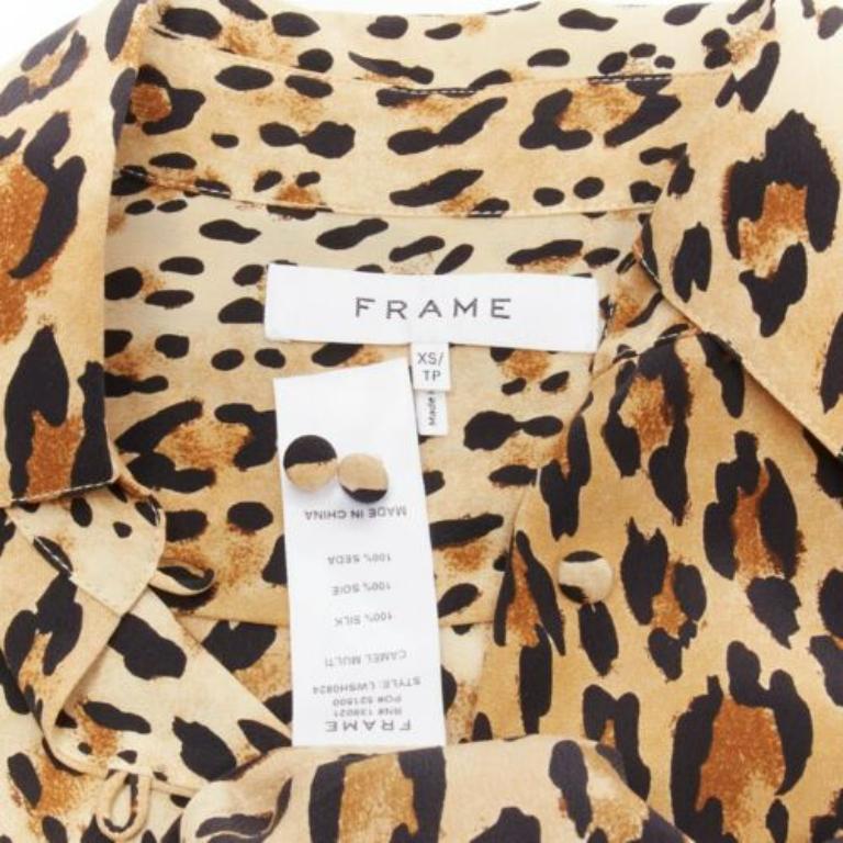 FRAME 100% seta Cammello Multi marrone con stampa leopardata camicia a maniche lunghe XS in vendita 3