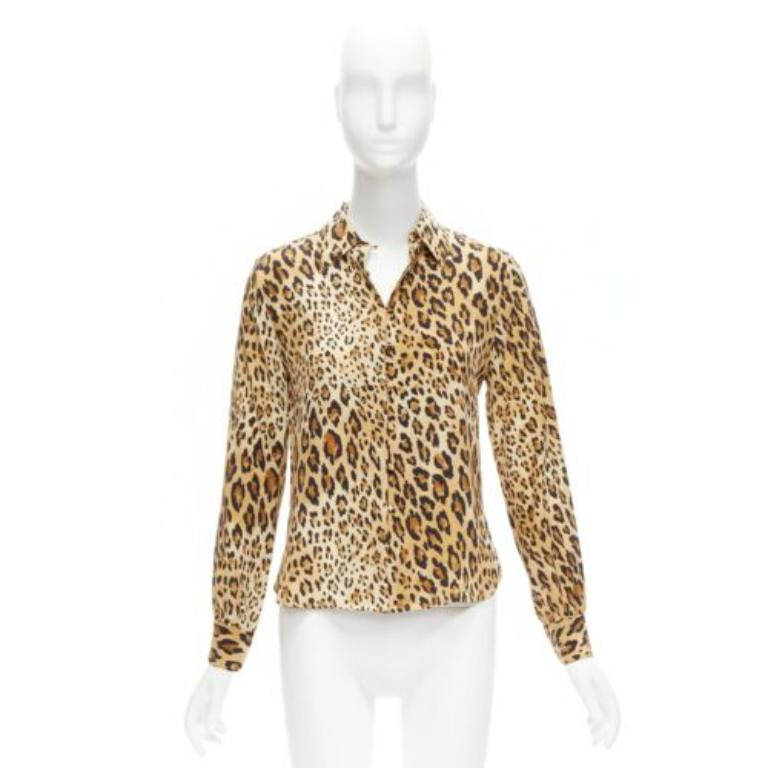 FRAME 100% seta Cammello Multi marrone con stampa leopardata camicia a maniche lunghe XS in vendita 4