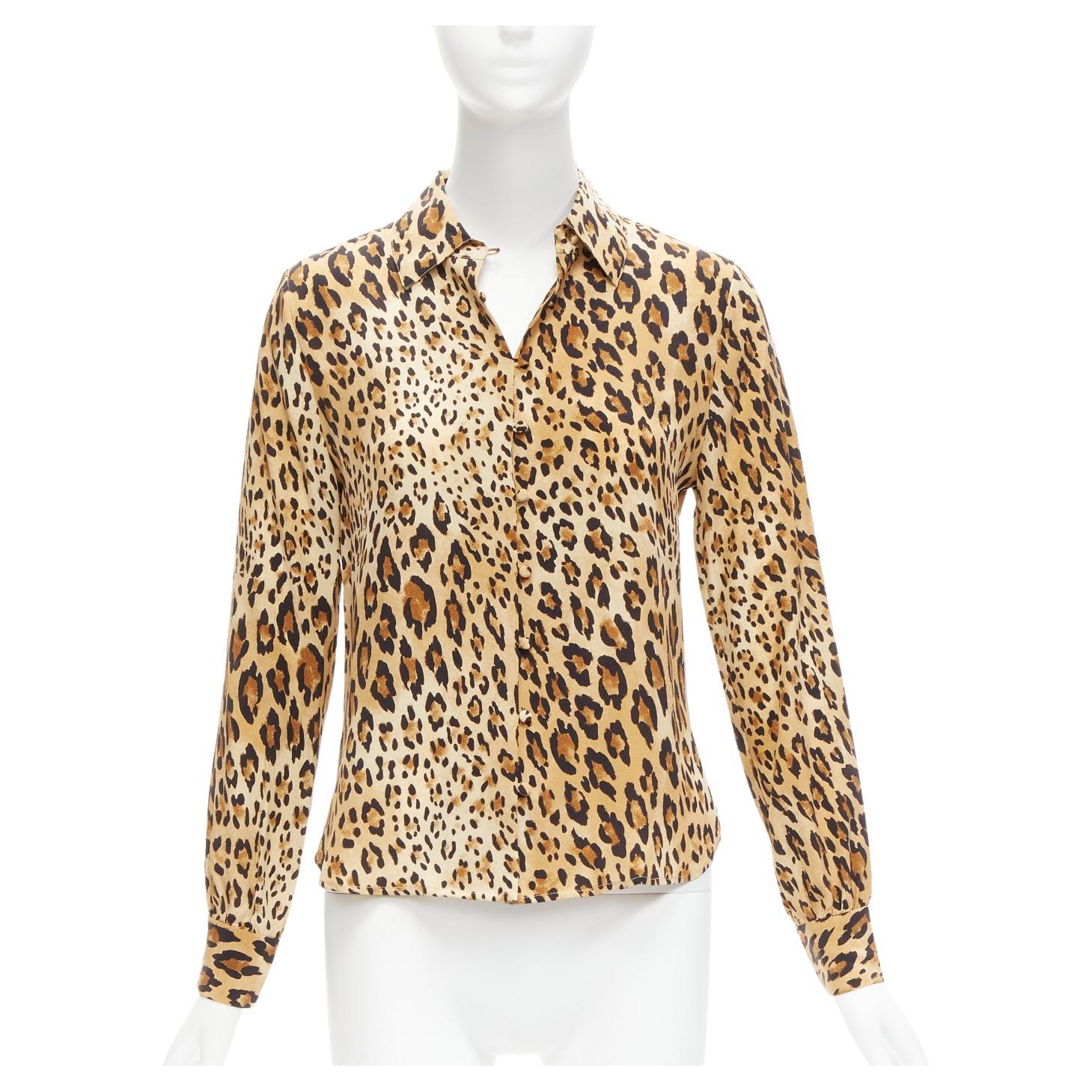 FRAME 100% silk Camel Multi brown leopard print long sleeve shirt XS For Sale