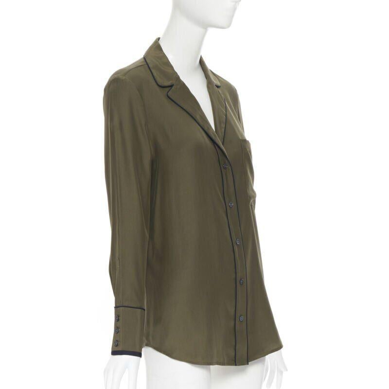 Black FRAME 100% silk forest green black piping casual pyjama shirt XS For Sale