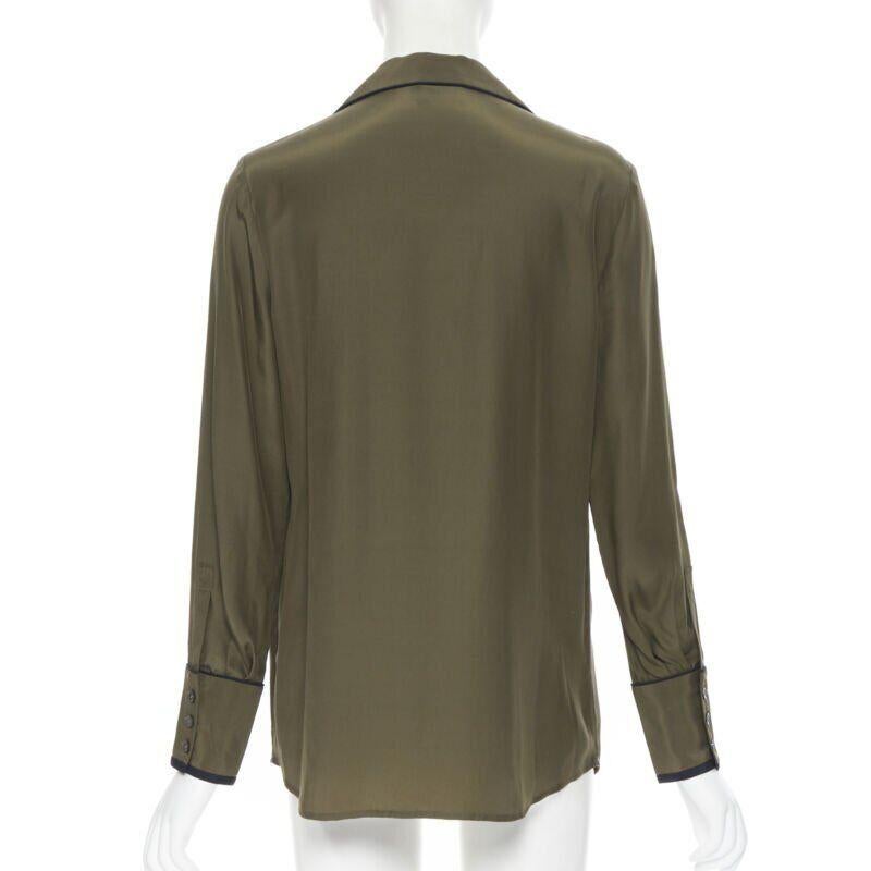 Women's FRAME 100% silk forest green black piping casual pyjama shirt XS For Sale