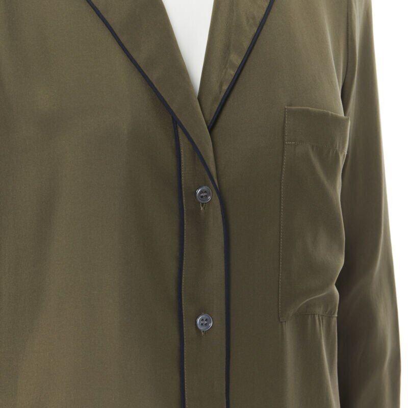 FRAME 100% silk forest green black piping casual pyjama shirt XS For Sale 2