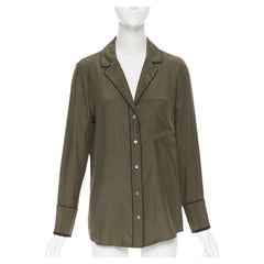 Chemise pyjama décontractée FRAME 100% soie vert forêt avec liseré noir XS