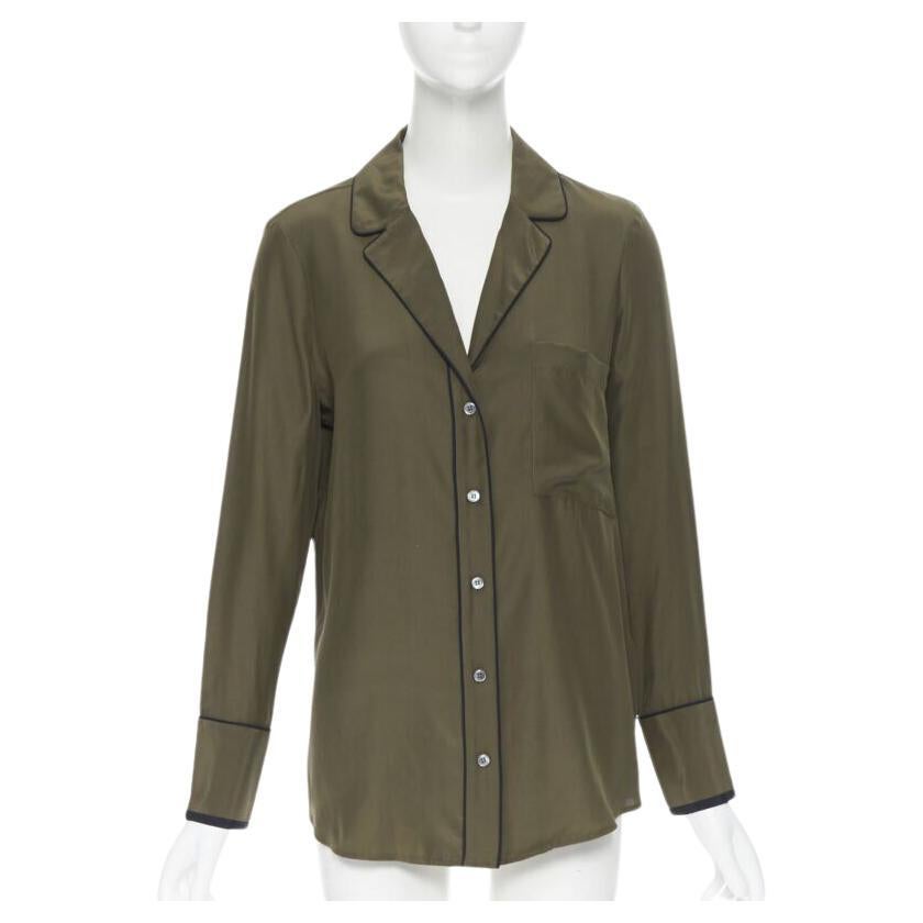 FRAME 100% silk forest green black piping casual pyjama shirt XS For Sale
