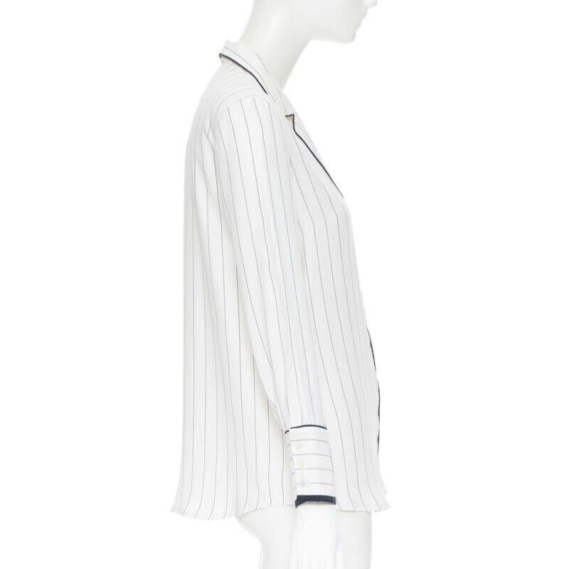 FRAME 100% silk white black vertical stripe black piping casual pyjama shirt XS In Excellent Condition For Sale In Hong Kong, NT