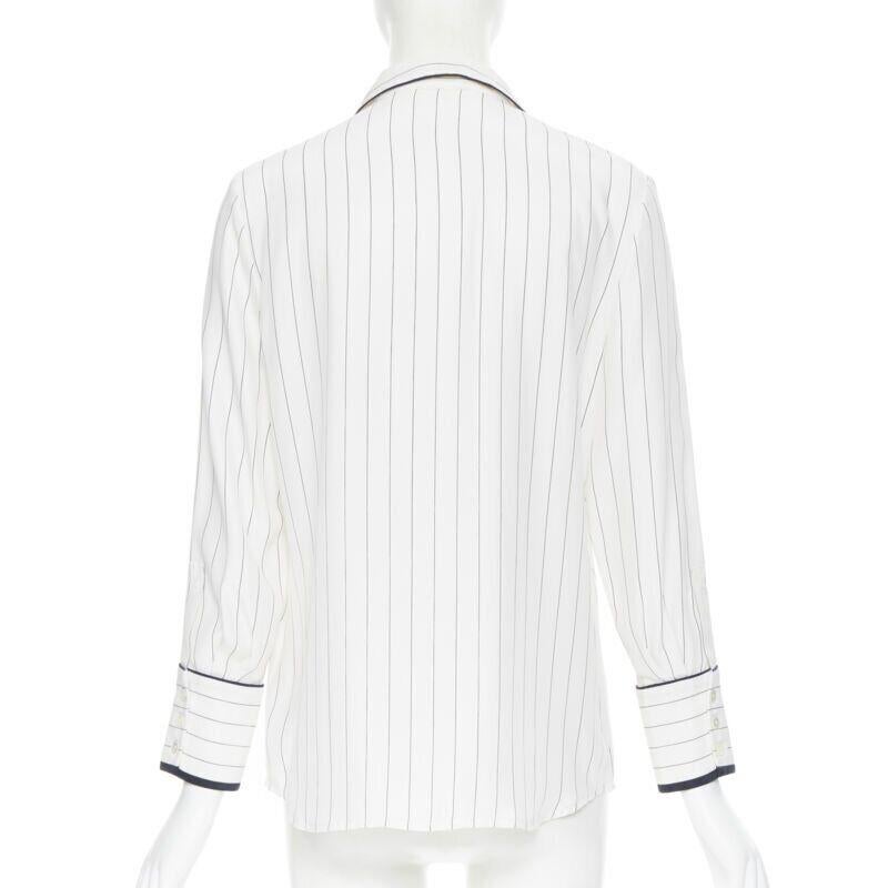 Women's FRAME 100% silk white black vertical stripe black piping casual pyjama shirt XS For Sale