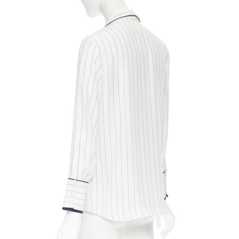 FRAME 100% silk white black vertical stripe black piping casual pyjama shirt XS For Sale 1