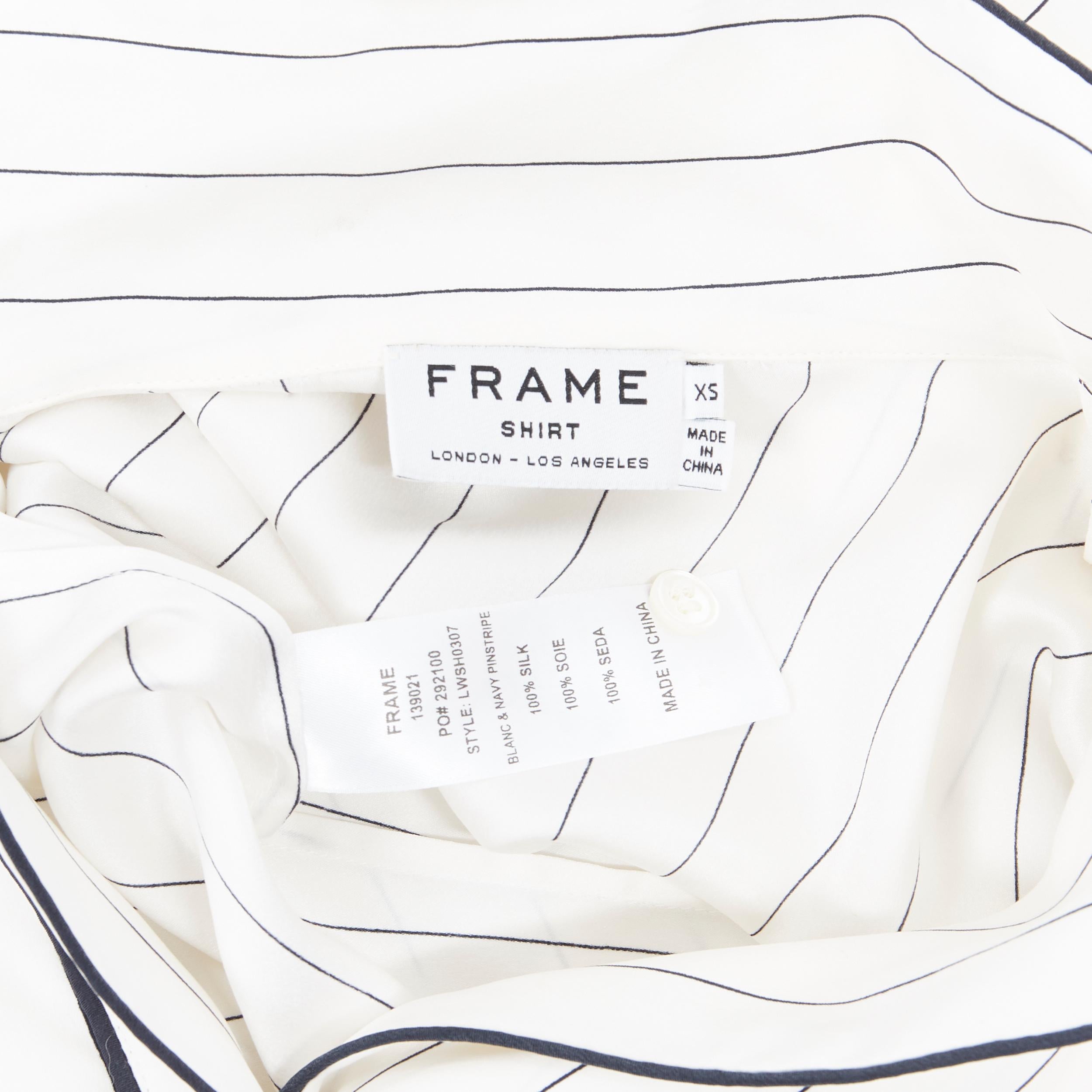 Women's FRAME 100% silk white black vertical stripe black piping casual pyjama shirt XS