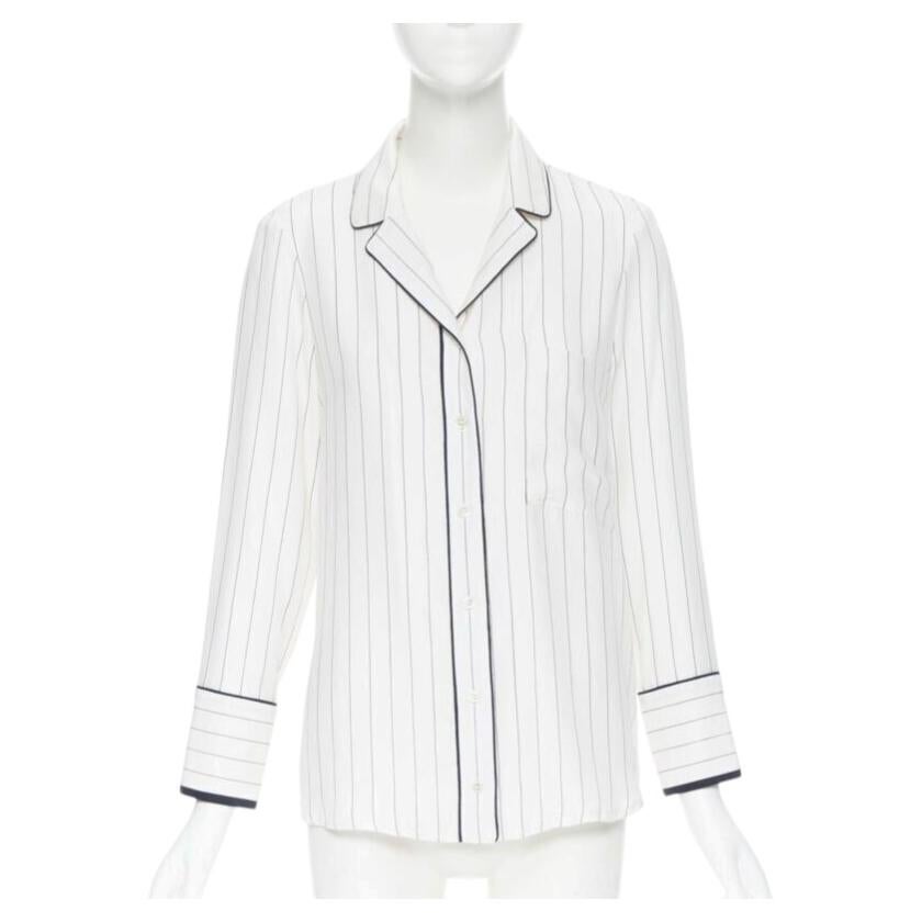 Pre-owned Frame 100% Silk White Black Vertical Stripe Black Piping Casual Pyjama Shirt Xs