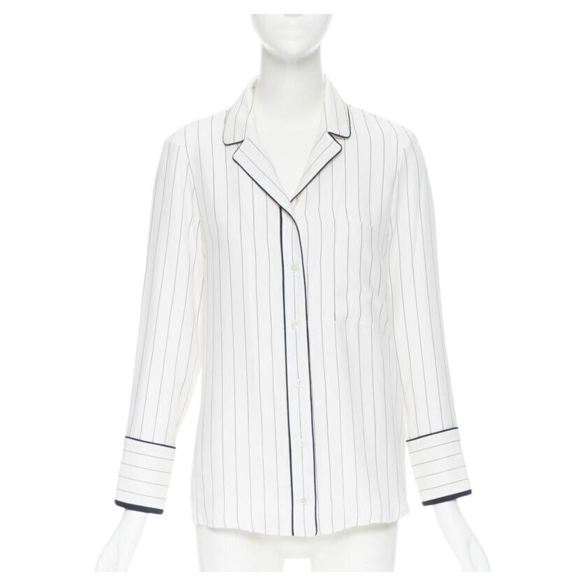 FRAME 100% silk white black vertical stripe black piping casual pyjama shirt XS For Sale