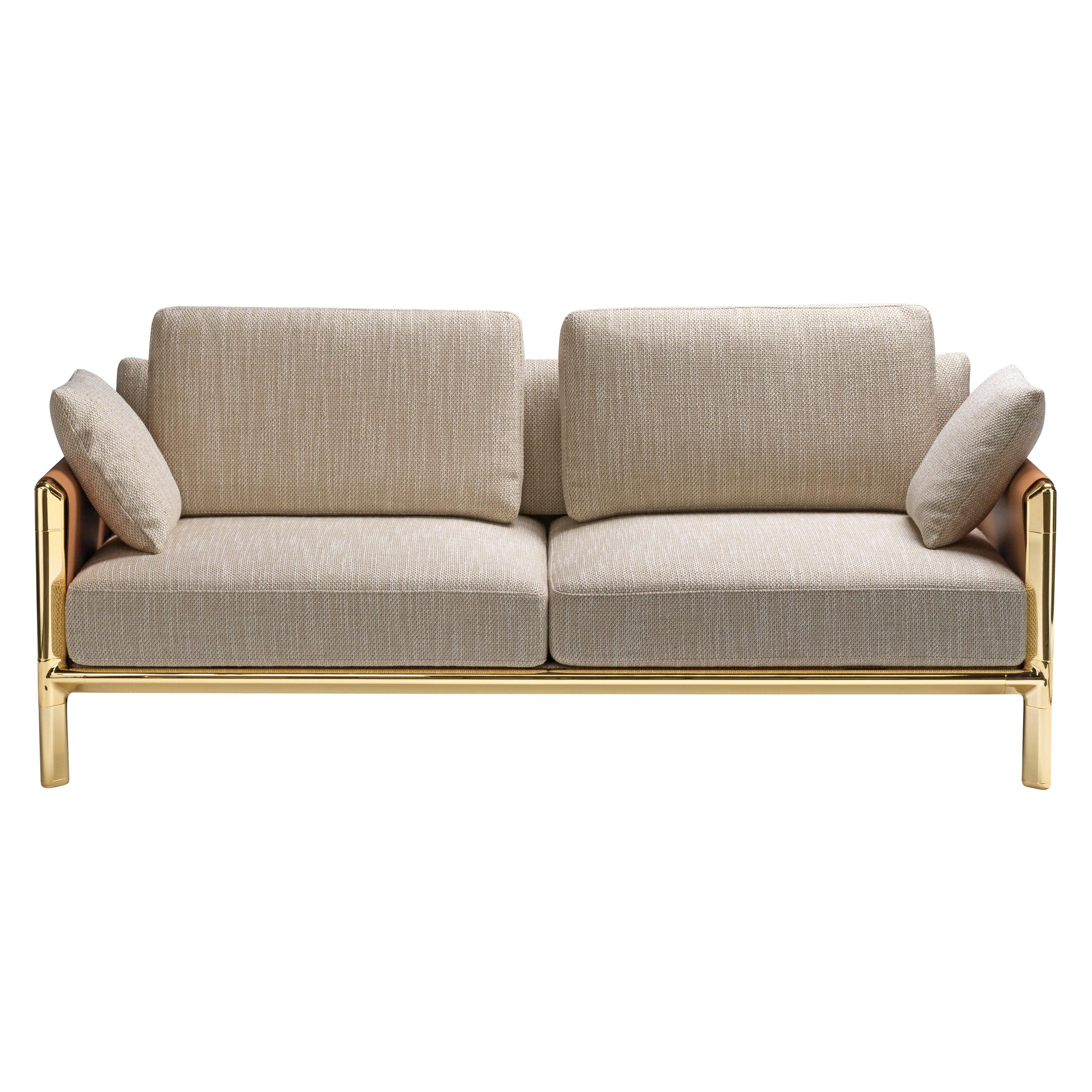 Frame 2 Seaters Sofa in Naturale Fabric with Polished Brass Legs