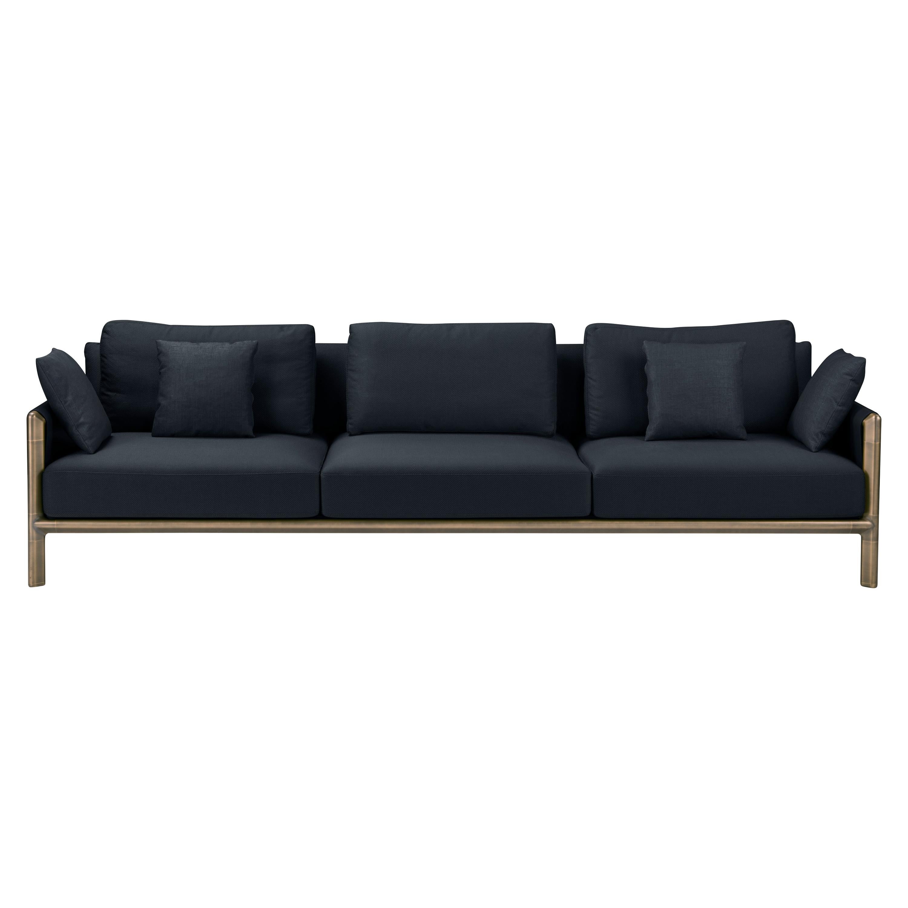Frame 3 Seaters Sofa in Deep Blue with Brown Burnished Brass Legs For Sale