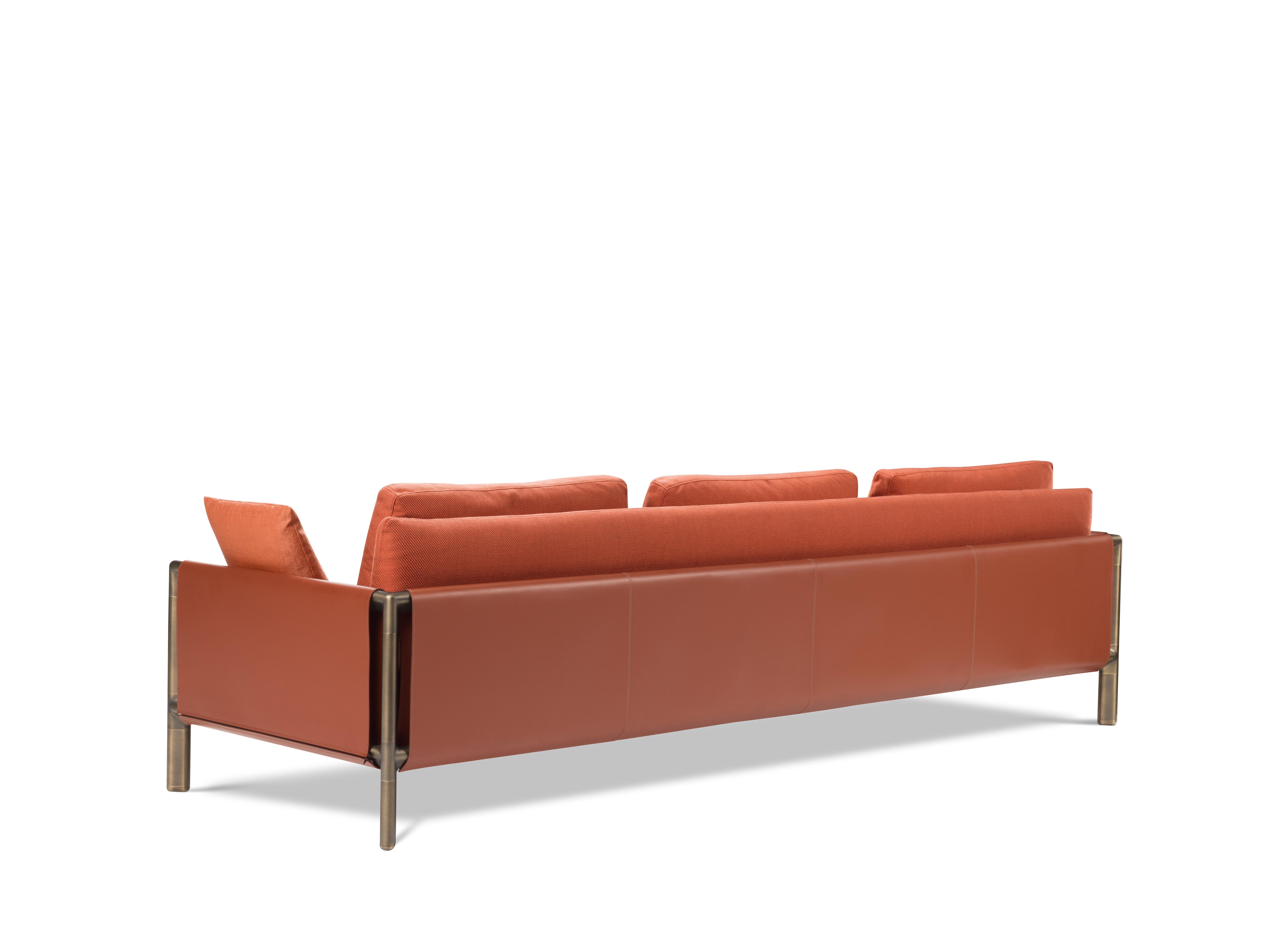 Italian Frame 3 Seaters Sofa in Orange Fabric with Brown Burnished Brass Legs For Sale