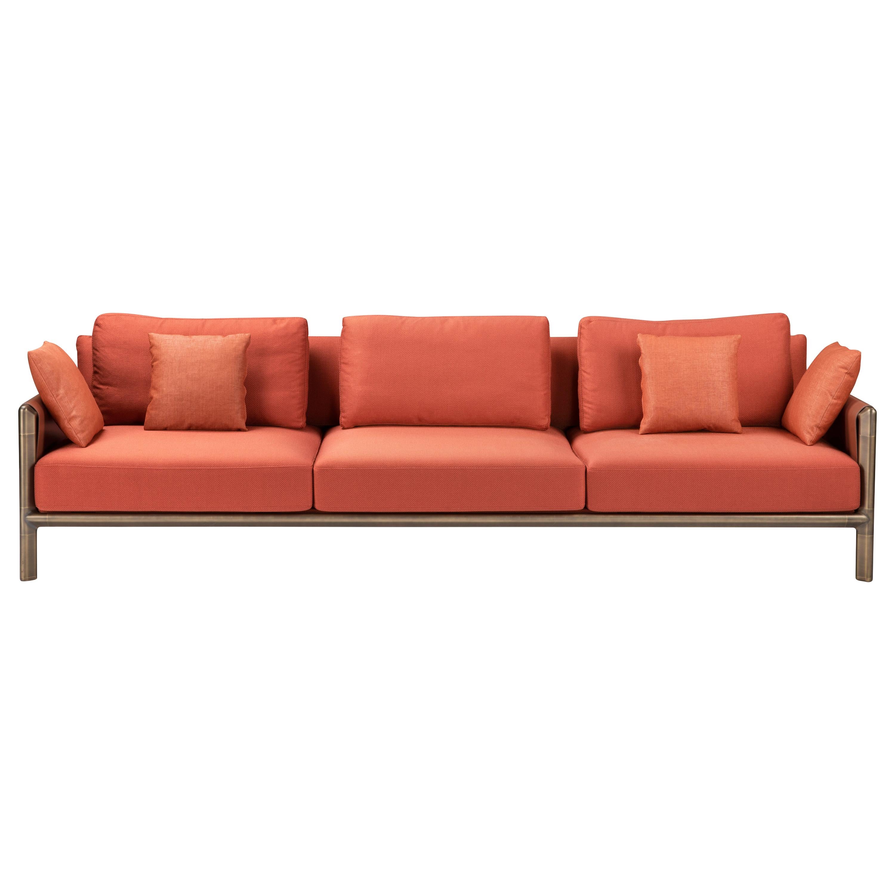 Frame 3 Seaters Sofa in Orange Fabric with Brown Burnished Brass Legs