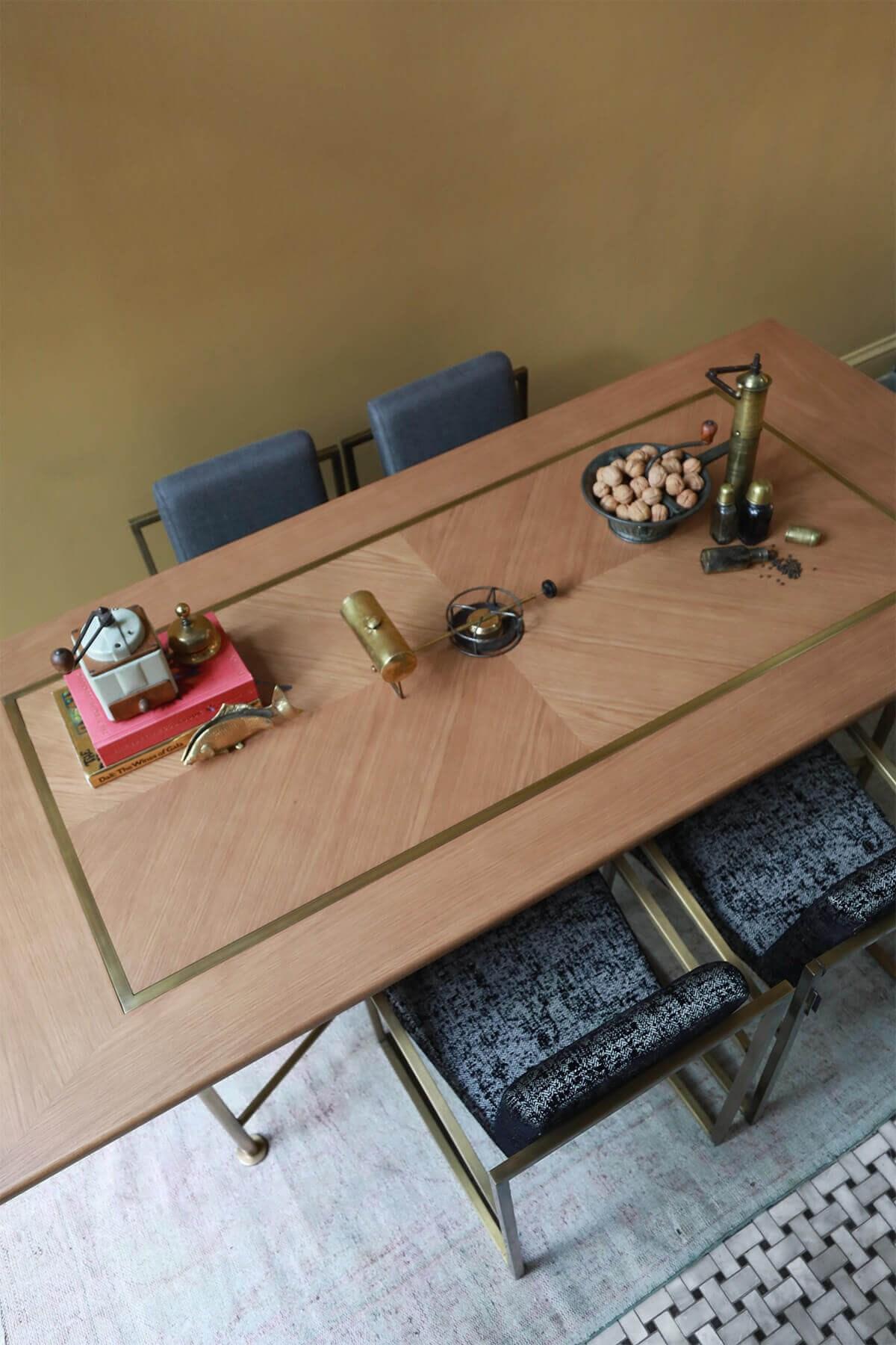 Modern Frame American Oak Veneer and Brass Dining Table For Sale