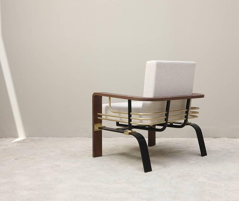 Frame Armchair, Contemporary Handmade Brass and Walnut Armchair For
