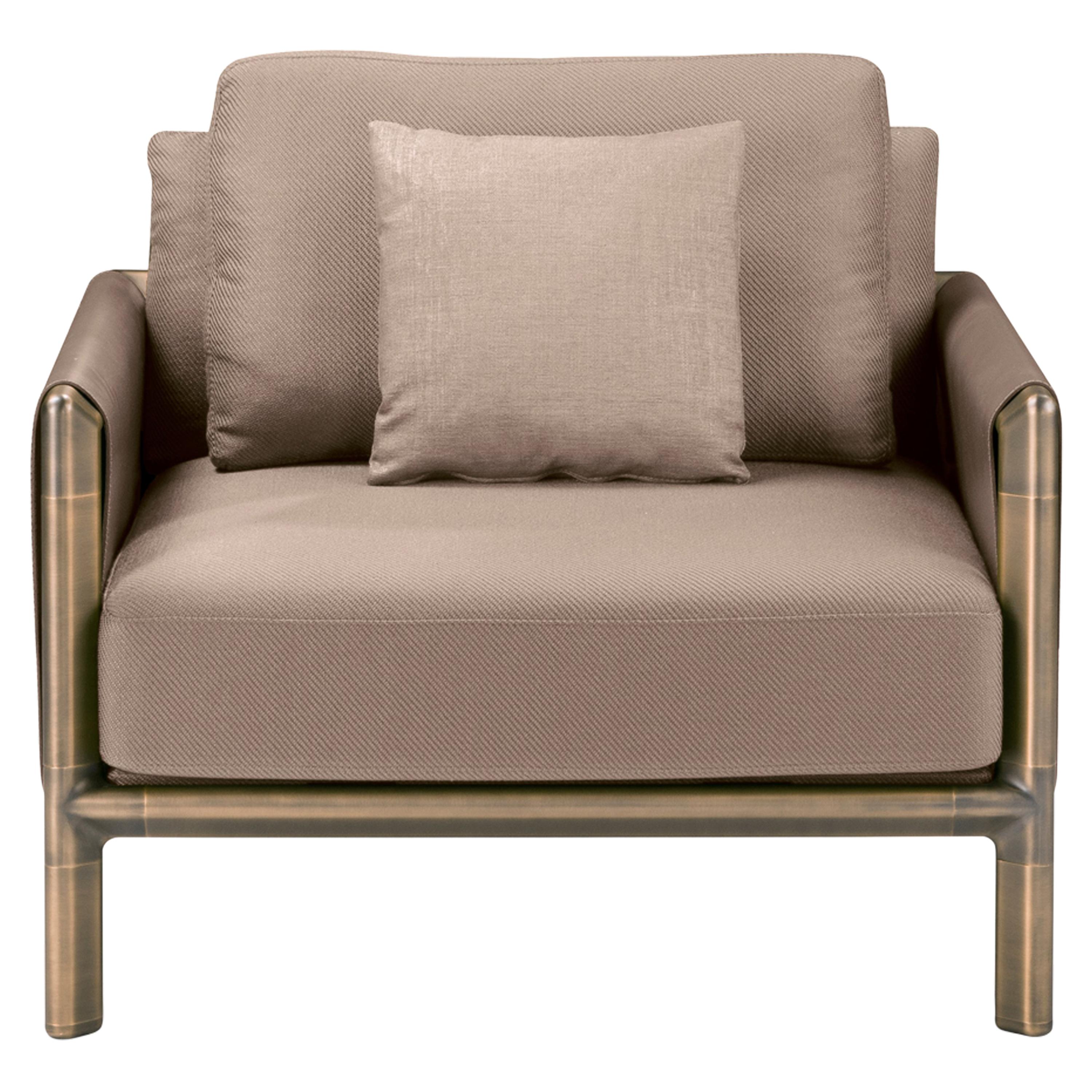 Frame Armchair in Beige with Brown Burnished Brass Legs