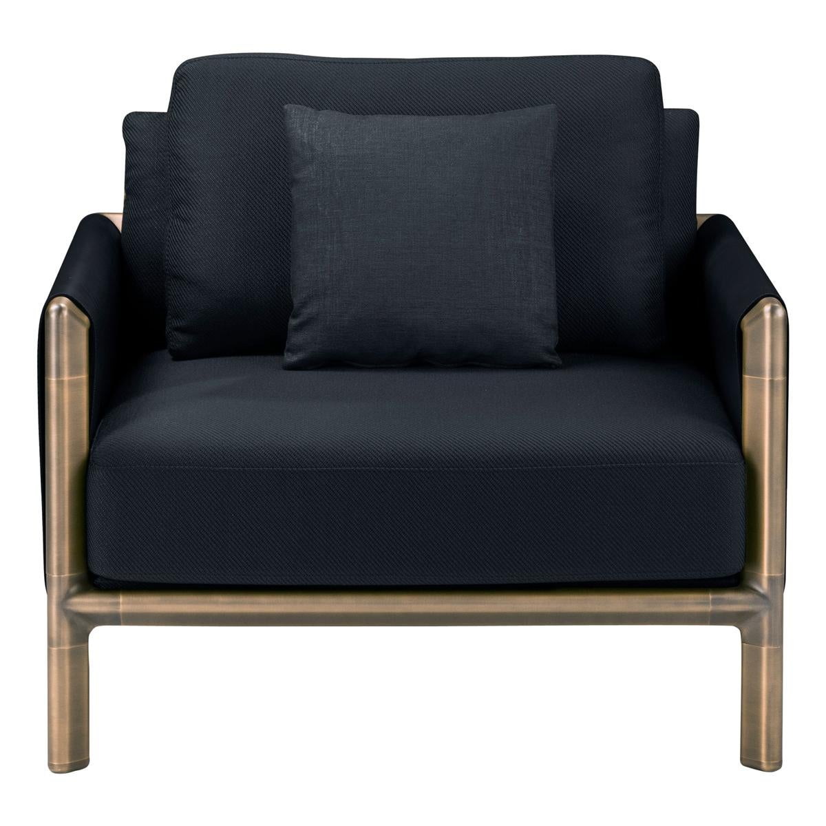 Frame Armchair in Deep Blue Fabric and Cuoio Leather with Brown Burnished Brass 