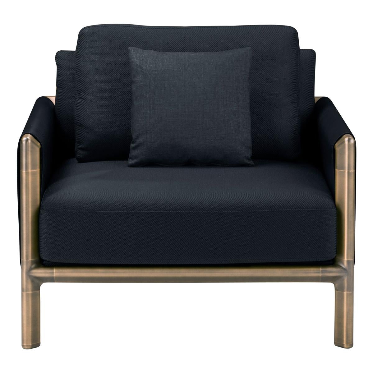 Frame Armchair in Deep Blue Fabric and Cuoio Leather with Brown Burnished Brass