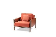 Frame Armchair in Orange Fabric and Cuoio Leather with Brown Burnished Brass Leg