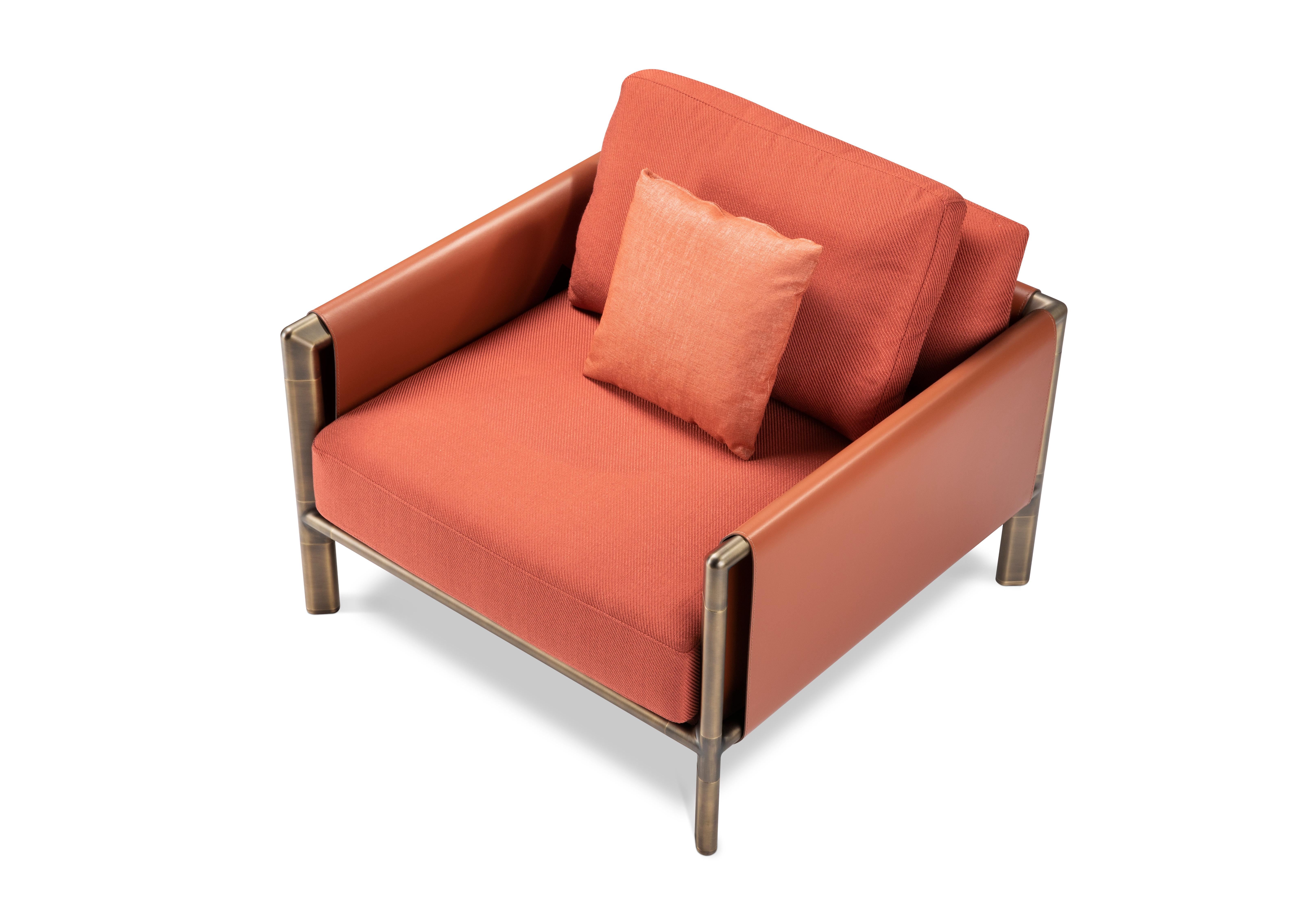 Italian Frame Armchair in Orange Fabric and Cuoio Leather with Brown Burnished Brass Leg For Sale