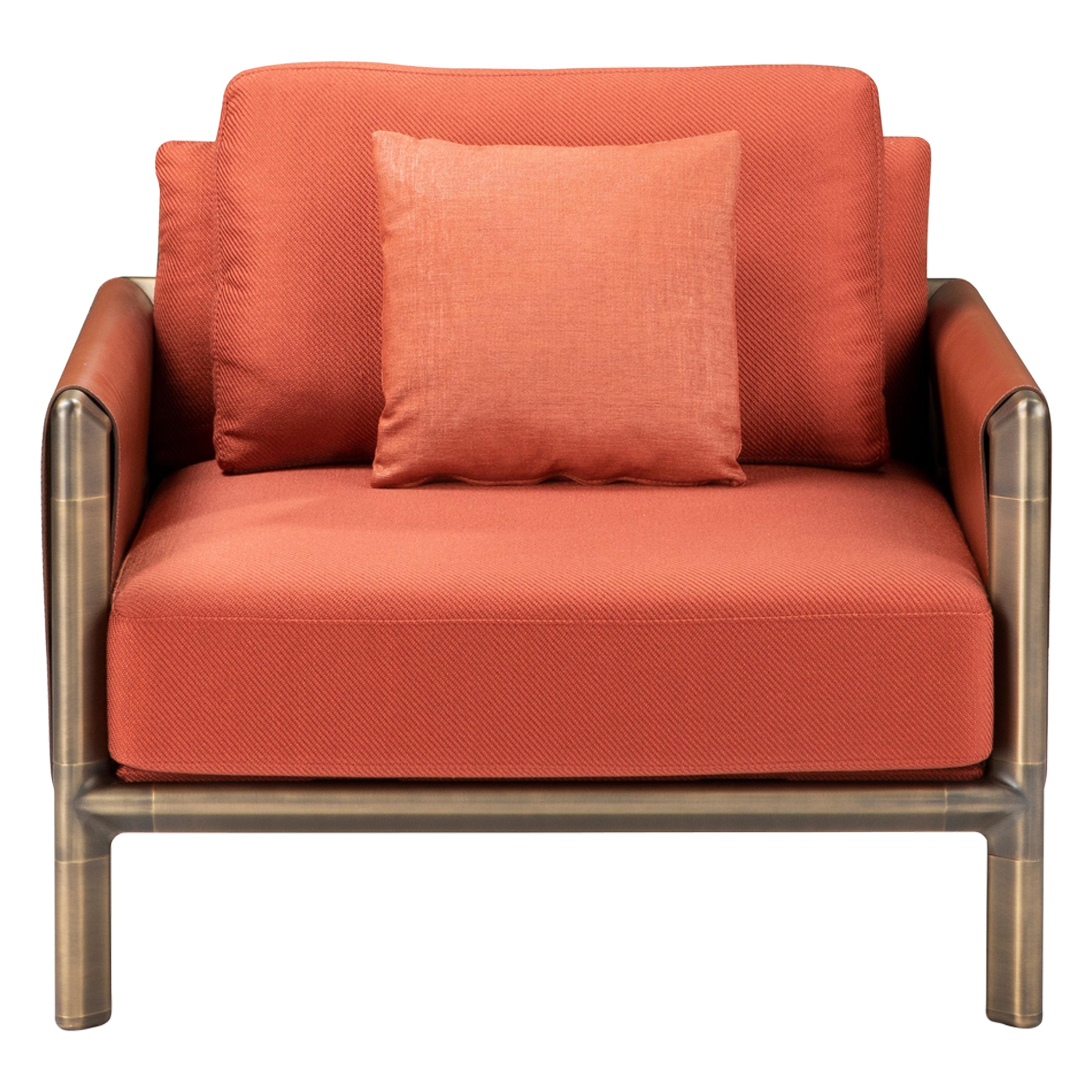 Frame Armchair in Orange Fabric and Cuoio Leather with Brown Burnished Brass Leg For Sale