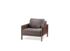 Frame Armchair in Safire Fabric and Cuoio Leather with Brown Burnished Brass Leg
