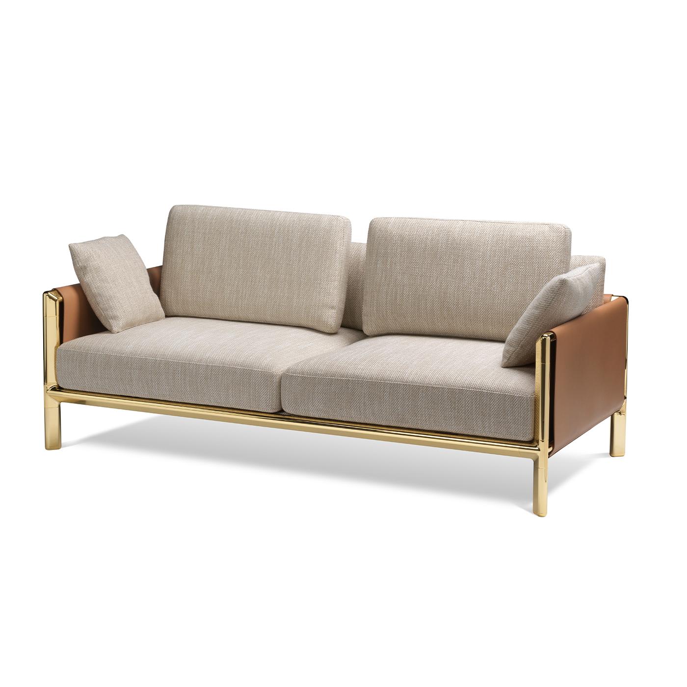 A magnificent combination of lines, hues, and materials, this two-seat sofa will make a refined statement in any classic or modern decor. A combination of the two styles, it rests on a polished gold-finished structure enriched on the armrests with