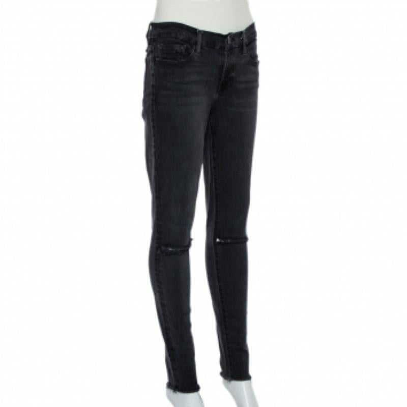 Frame Black Faded Denim Le Skinny de Jeanne Distressed Jeans M For Sale 2