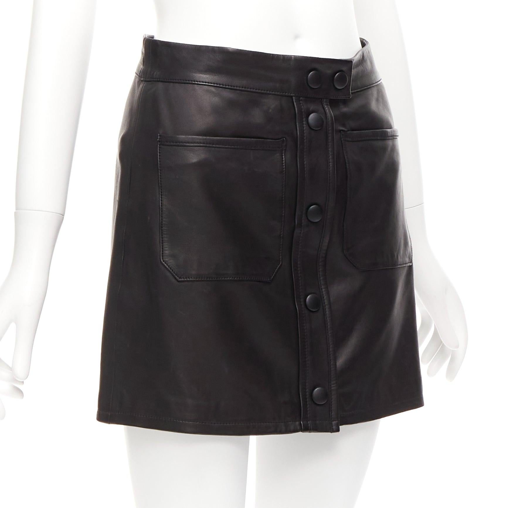 FRAME black lambskin leather snap button patch pocket mini skirt 25