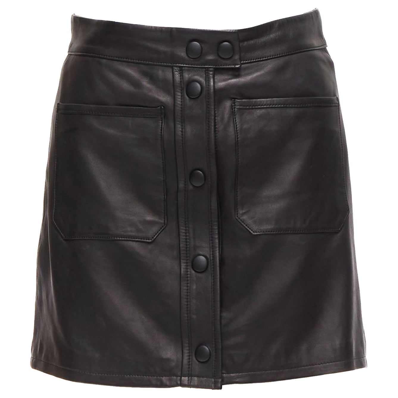 FRAME black lambskin leather snap button patch pocket mini skirt 25" For Sale