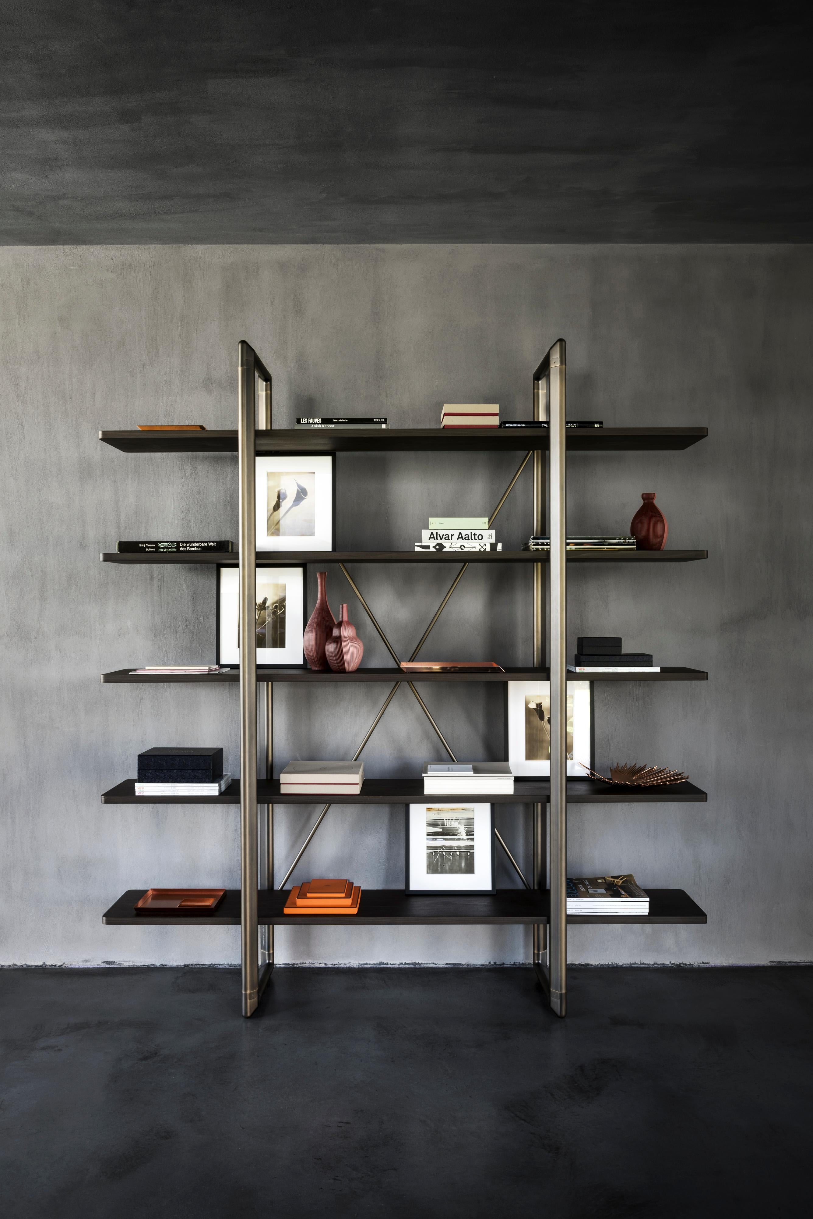 Contemporary Frame Bookshelves in Brown Burnished Brass & Bolivar Wood by Stefano Giovannoni